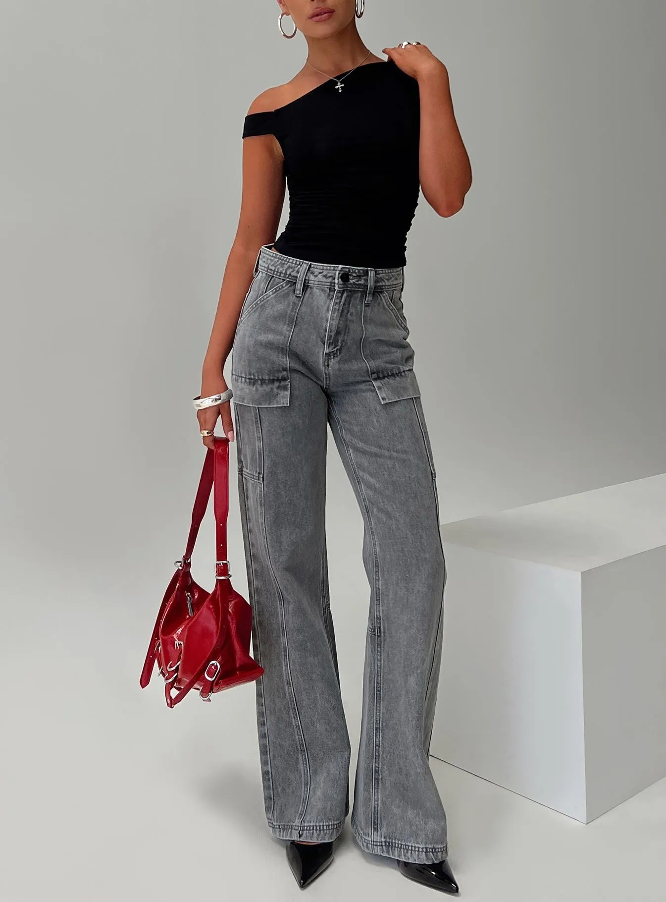 Edgy Design Straight Cut Chad High Rise Flared Cargo Jeans Washed Grey