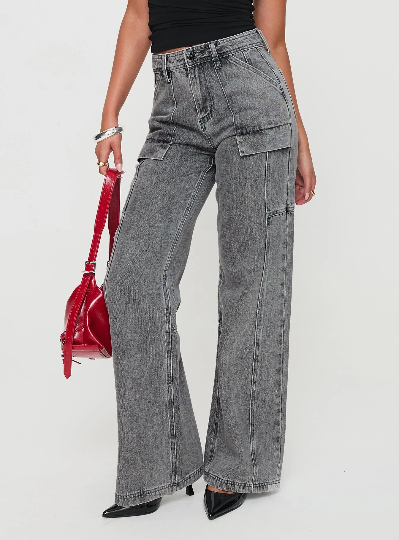 Chad High Rise Flared Cargo Jeans Washed Grey Fashion Piece Common Wear