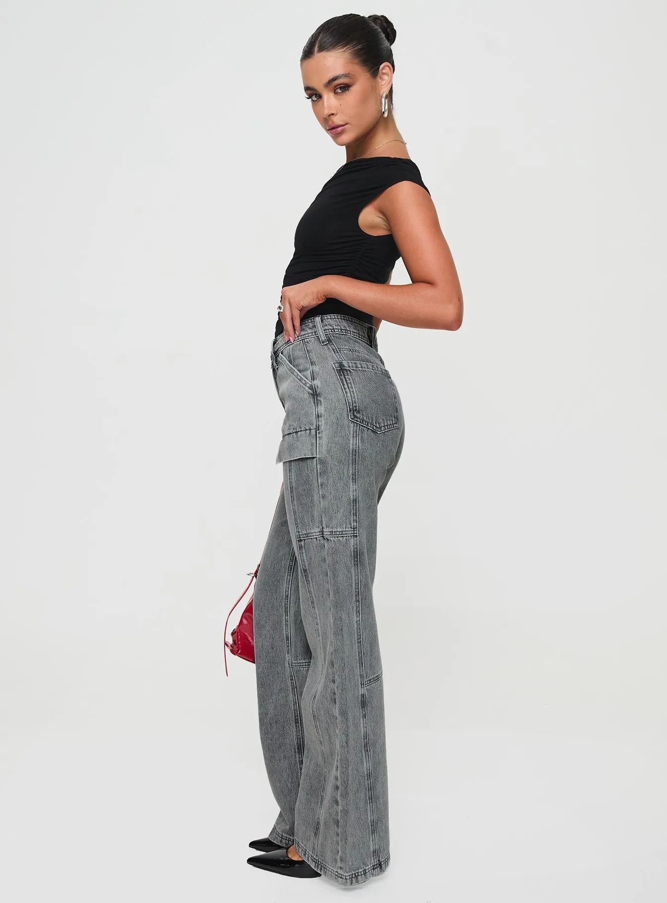 Sunny Vibes Rainy Day Shopping Day Chad High Rise Flared Cargo Jeans Washed Grey