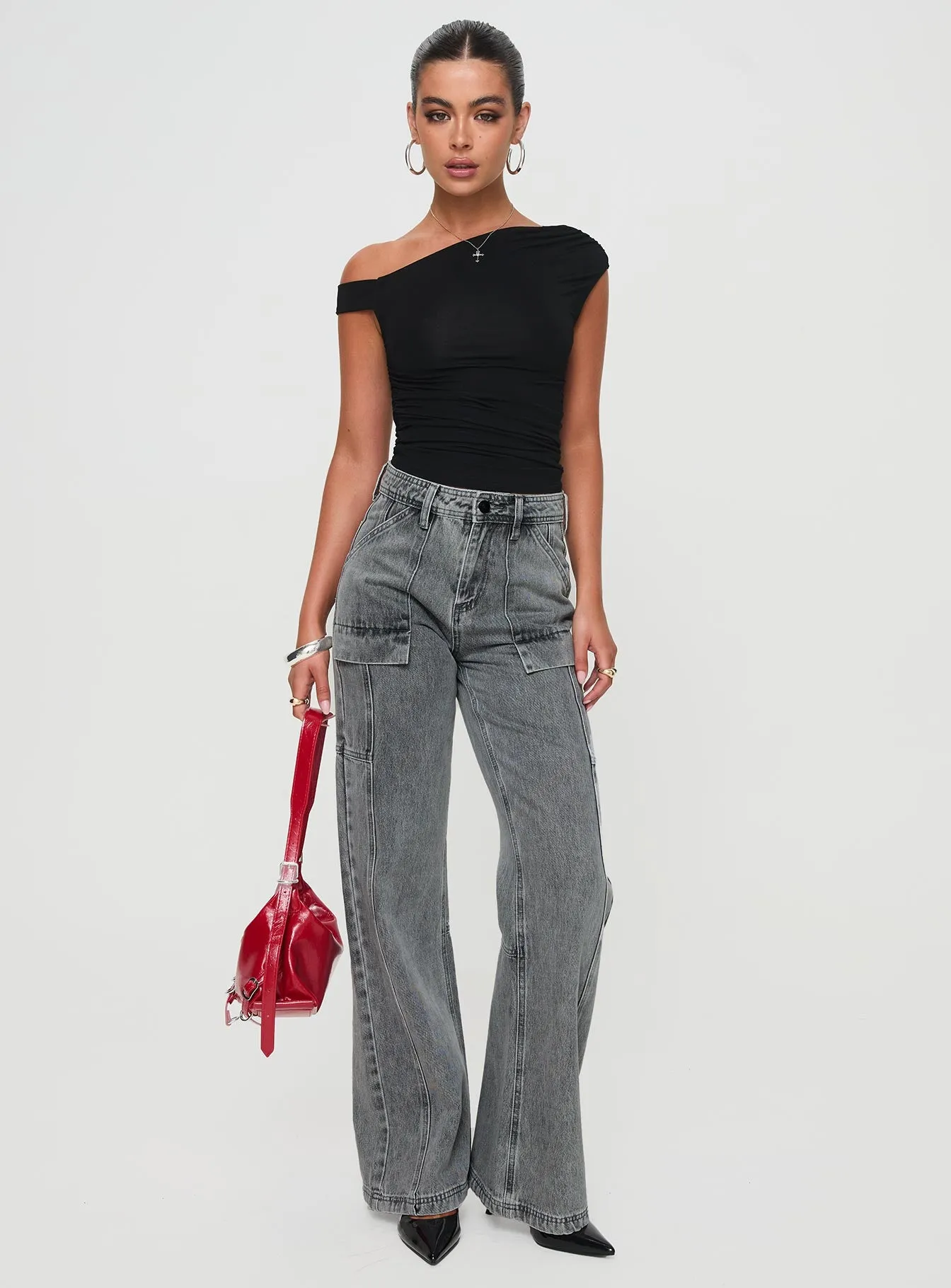 Street Style Chad High Rise Flared Cargo Jeans Washed Grey
