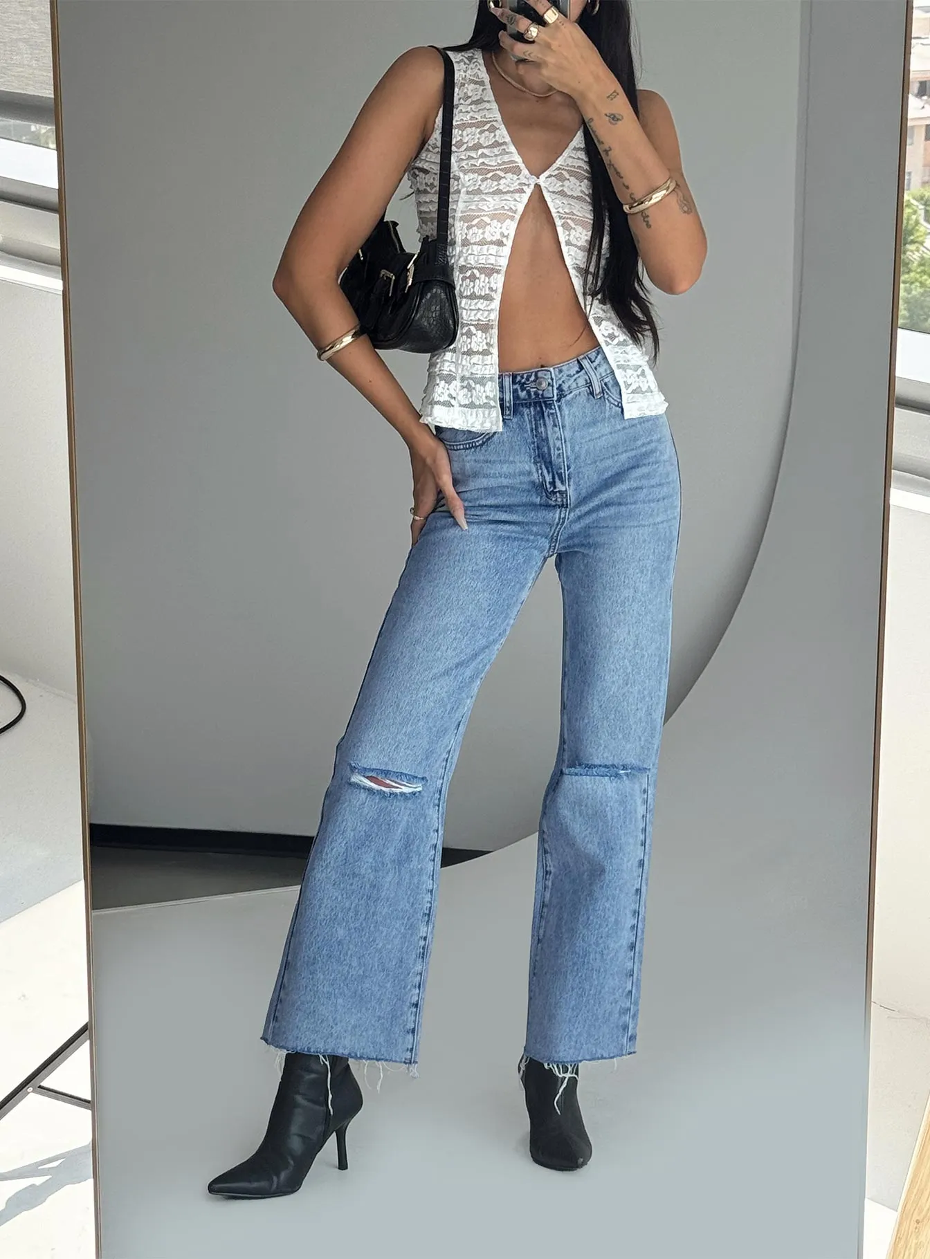 Barrel Leg Construction Non Fade Fabric Thorne High Rise Straight Leg Jeans Denim