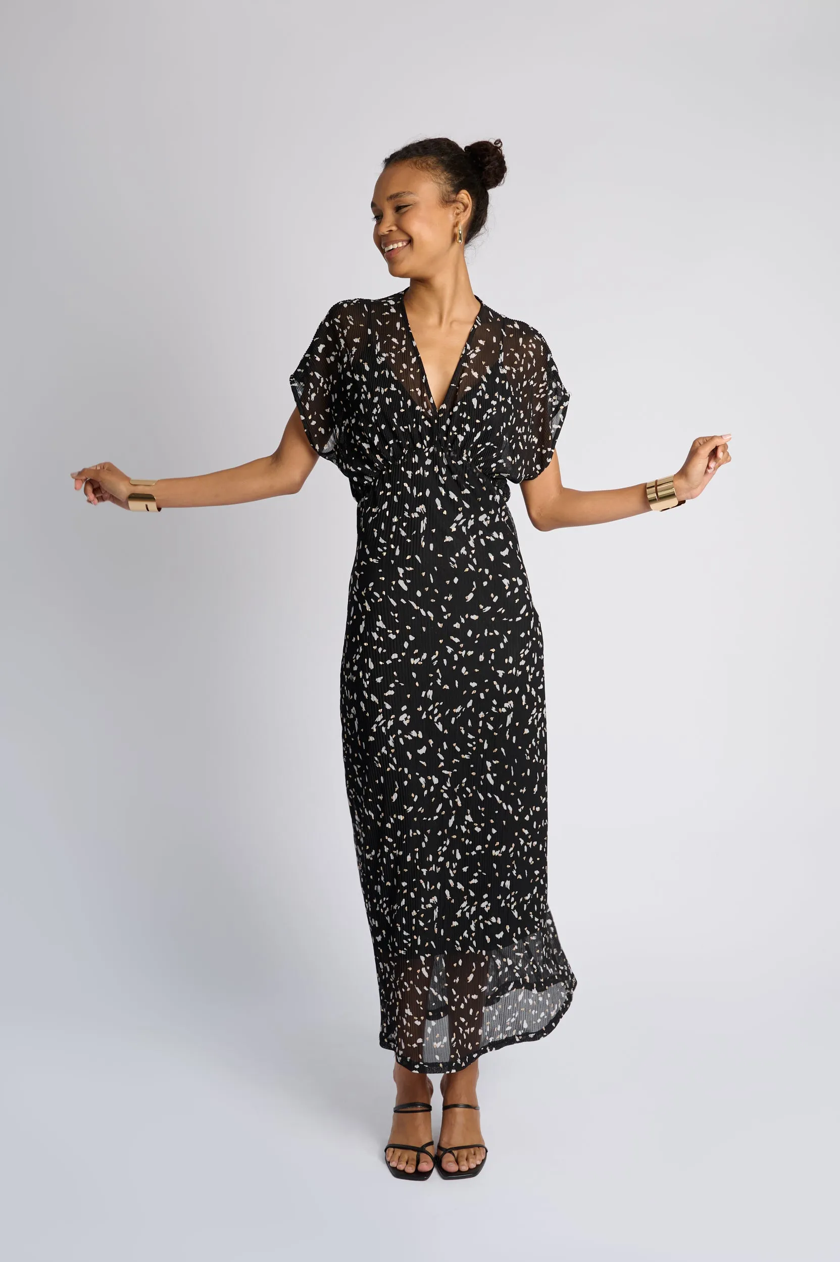 Kimono Sleeve Maxi dress in Foil Black Basic Core Raw Linen
