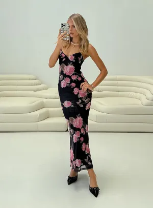 Pastel Sky Wave Crest Manolis Maxi Dress Black / Floral