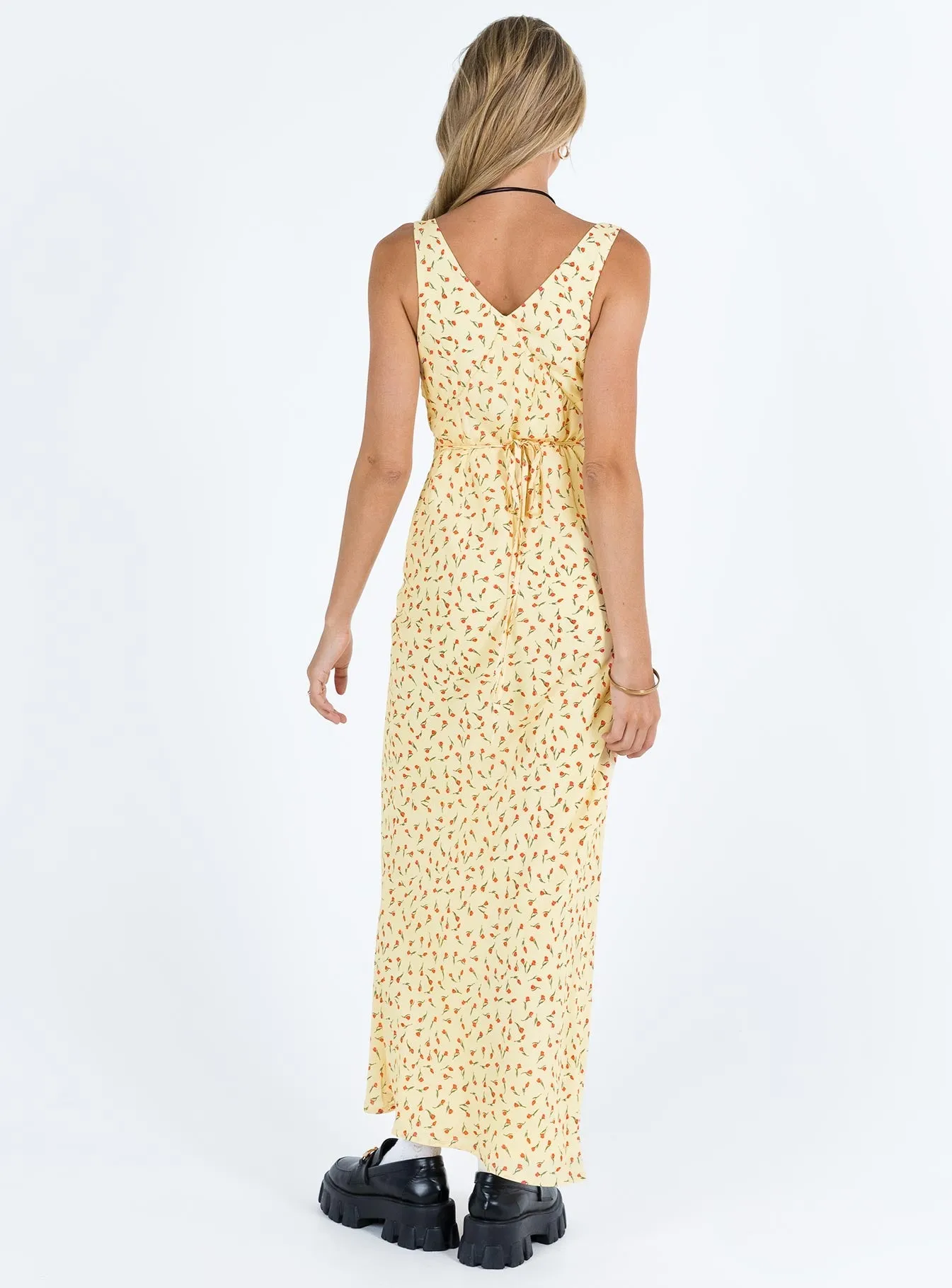 Nellie Maxi Dress Yellow / Red Floral Cozy evening dress Crepe Soft