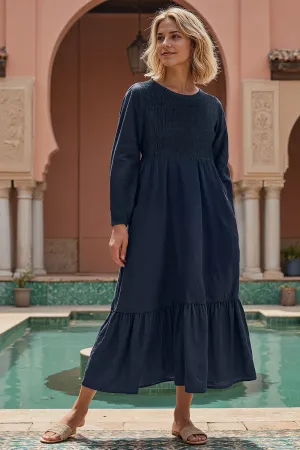Minden Linen Long Sleeve Shirred Dress in Navy Work Smart
