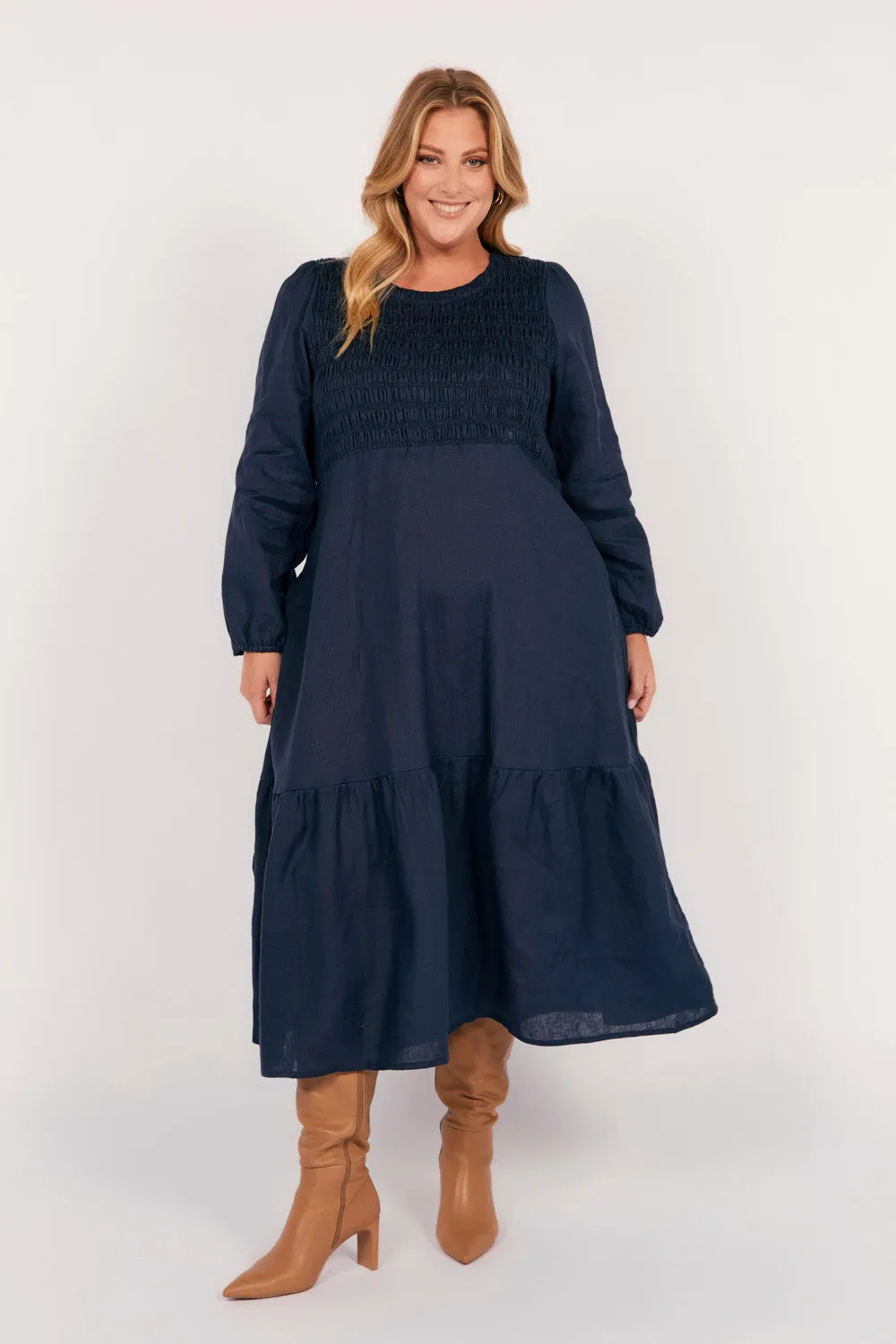 Tram Ride Rain Path Minden Linen Long Sleeve Shirred Dress in Navy