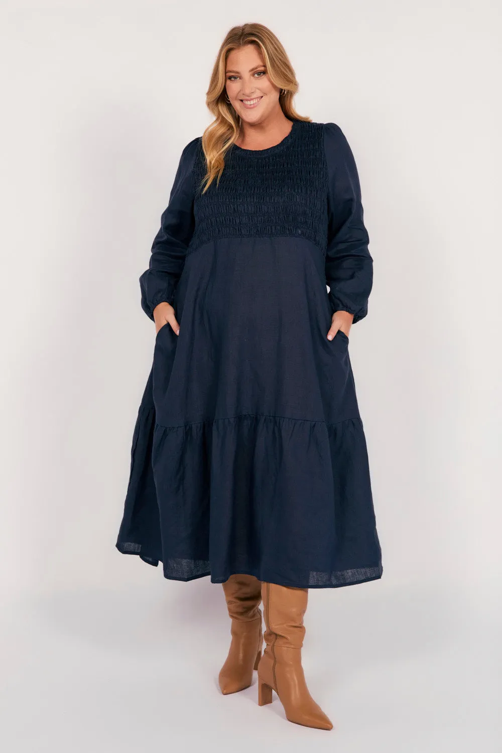 Versatile Design Palace View Minden Linen Long Sleeve Shirred Dress in Navy