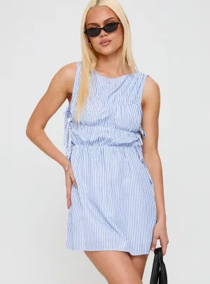 Club Beat Priscille Shirred Mini Dress Blue Stripe