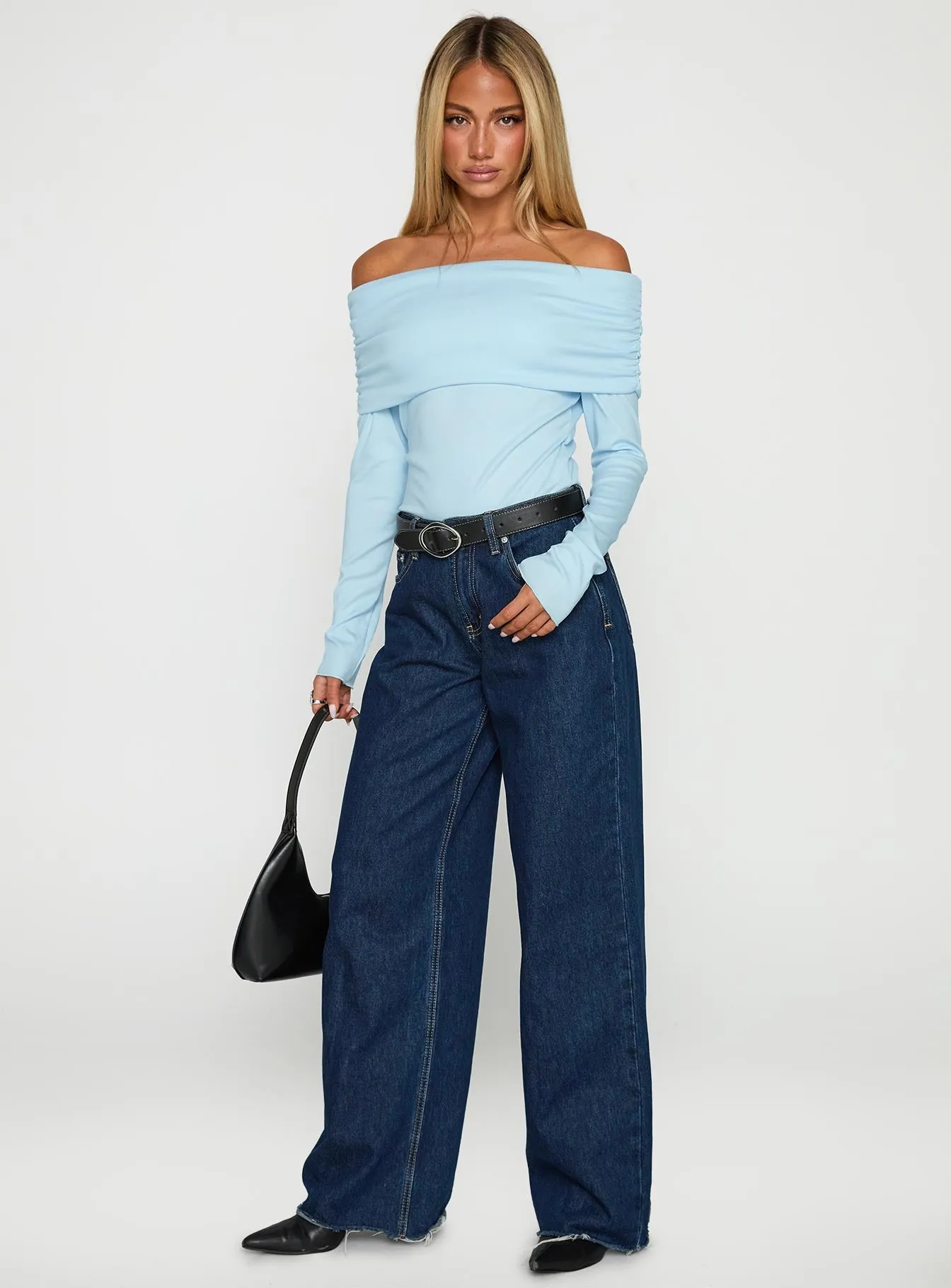 Soft Elegant Spoilt Off The Shoulder Bodysuit Blue