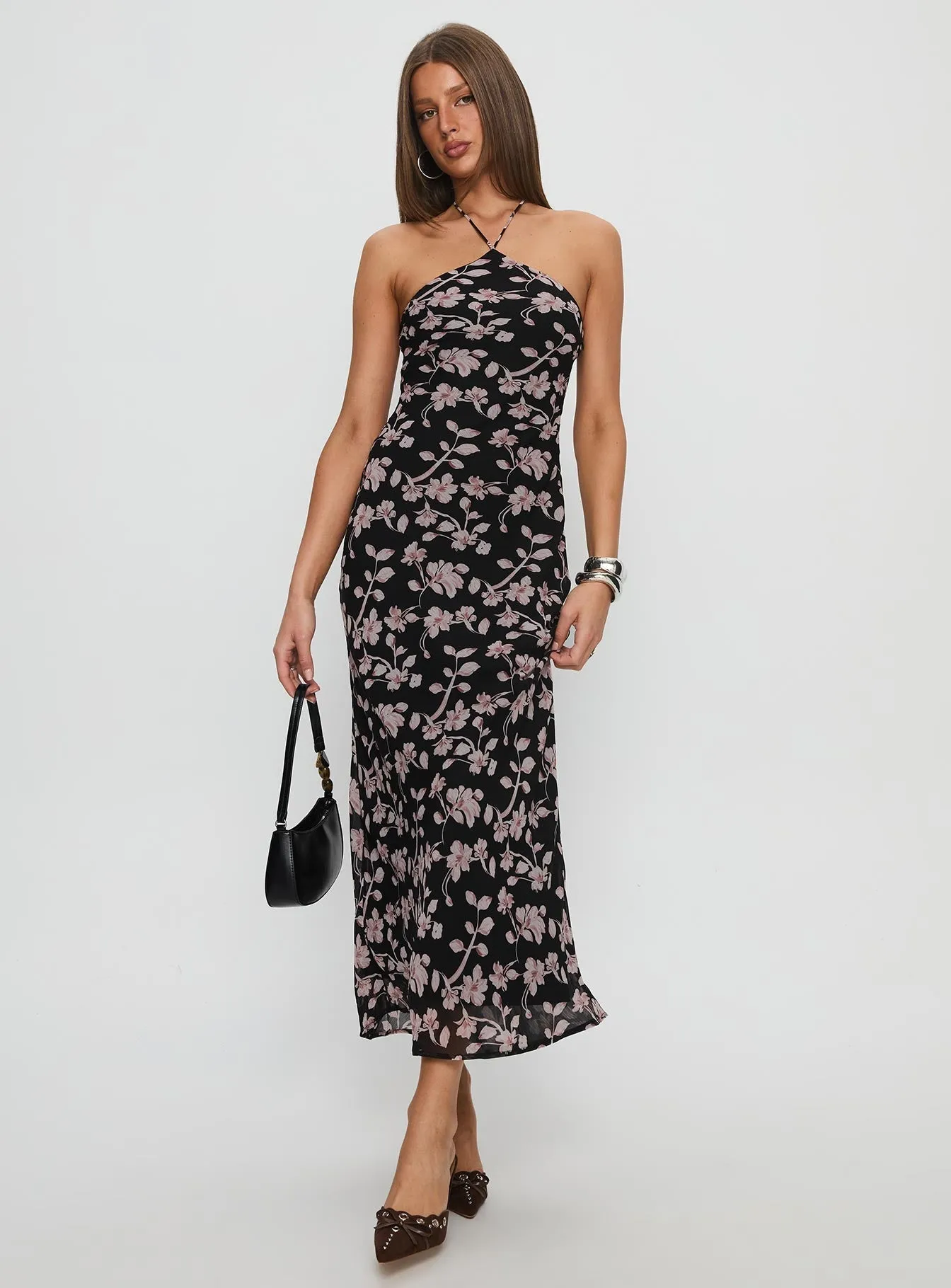 Silk Drape Free Walk Anisa Halter Maxi Dress Black Floral