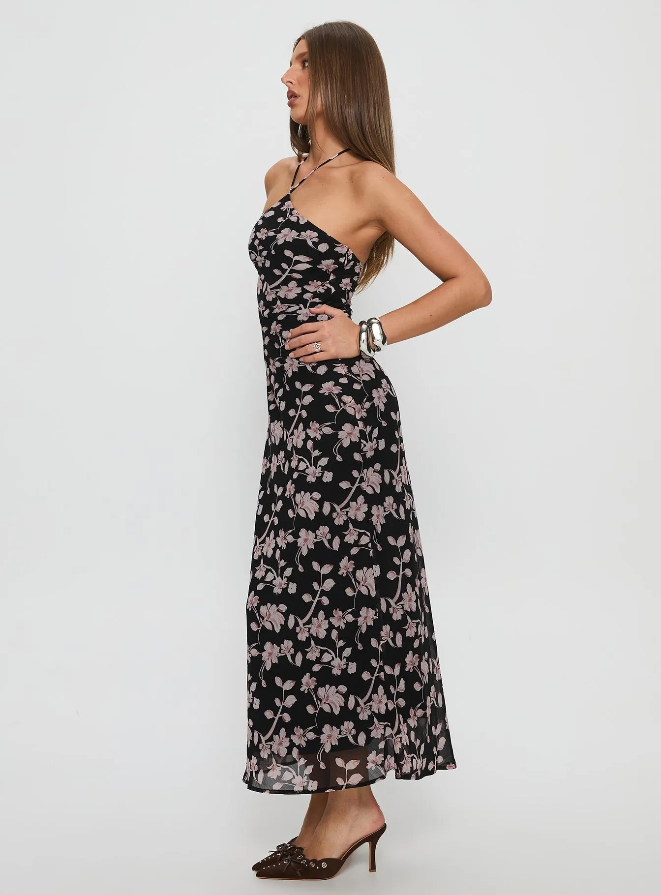 Anisa Halter Maxi Dress Black Floral Elegant dinner dress