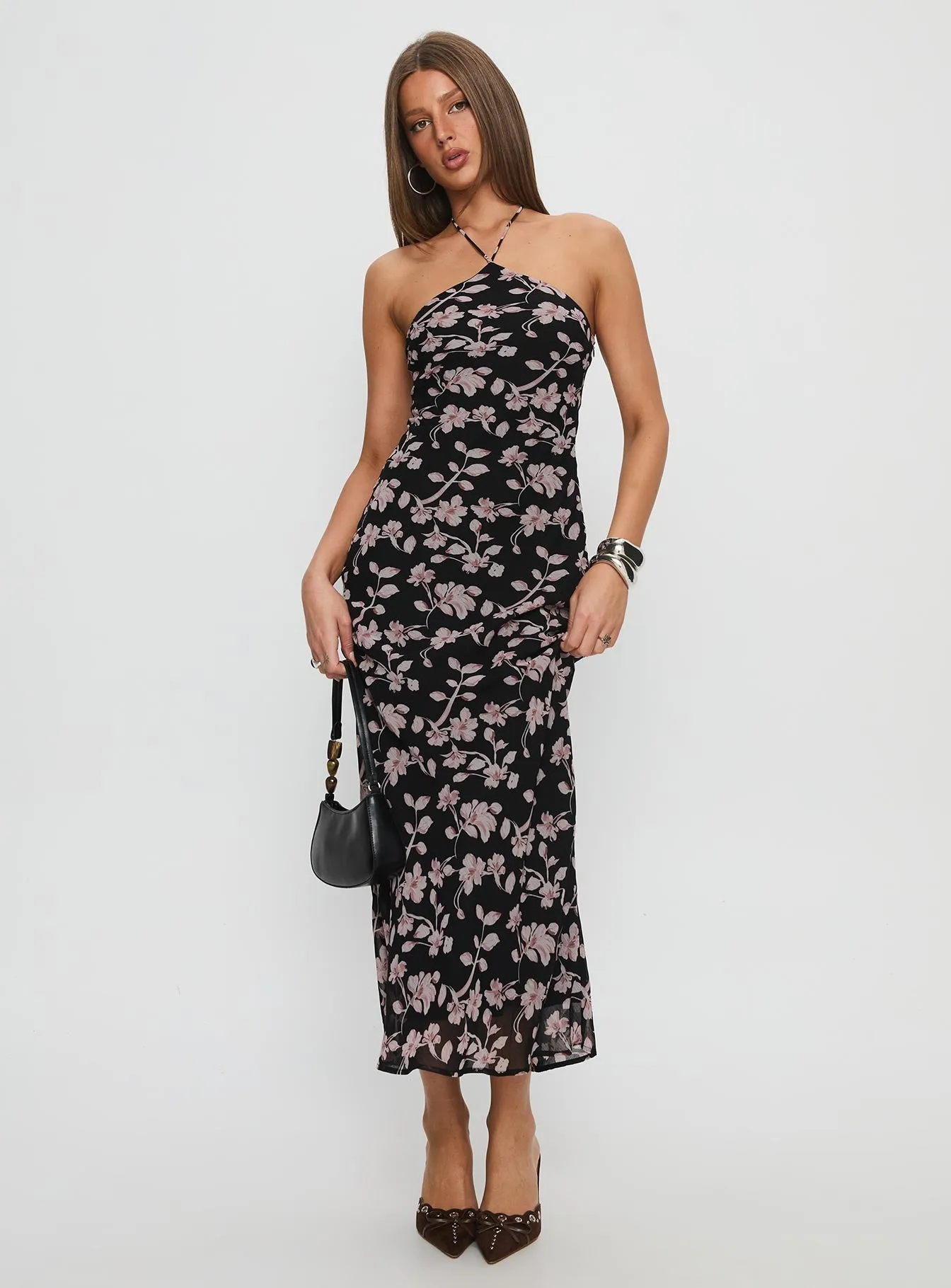 All Season Crystal Shine Anisa Halter Maxi Dress Black Floral