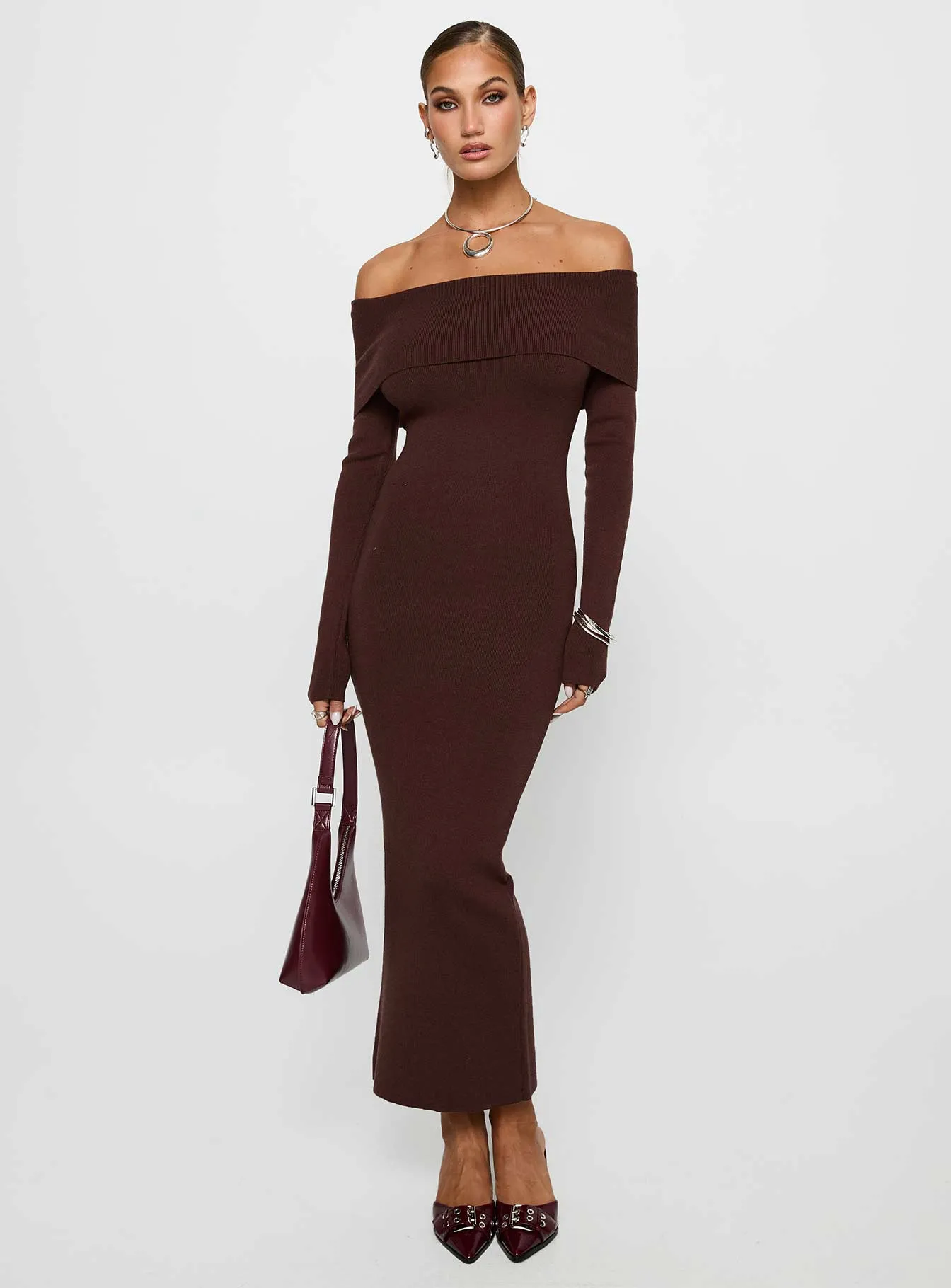 Wood Bridge Dot Play Celestara Off The Shoulder Maxi Dress Chocolate