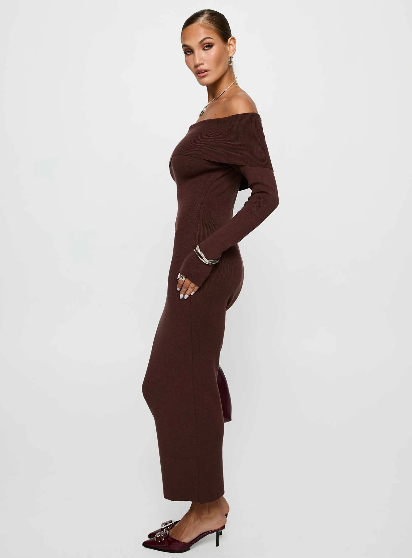 Celestara Off The Shoulder Maxi Dress Chocolate Crafted with high-quality materials this dress ensures both comfort and durability