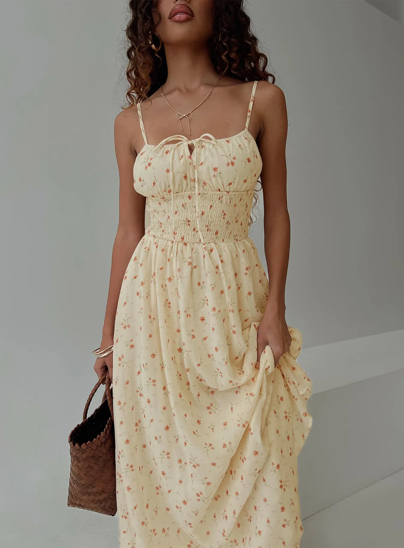 Pearle Shirred Maxi Dress Cream Floral Ruby Shine