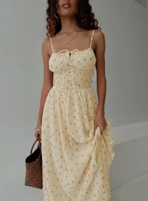 Pearle Shirred Maxi Dress Cream Floral Ruby Shine
