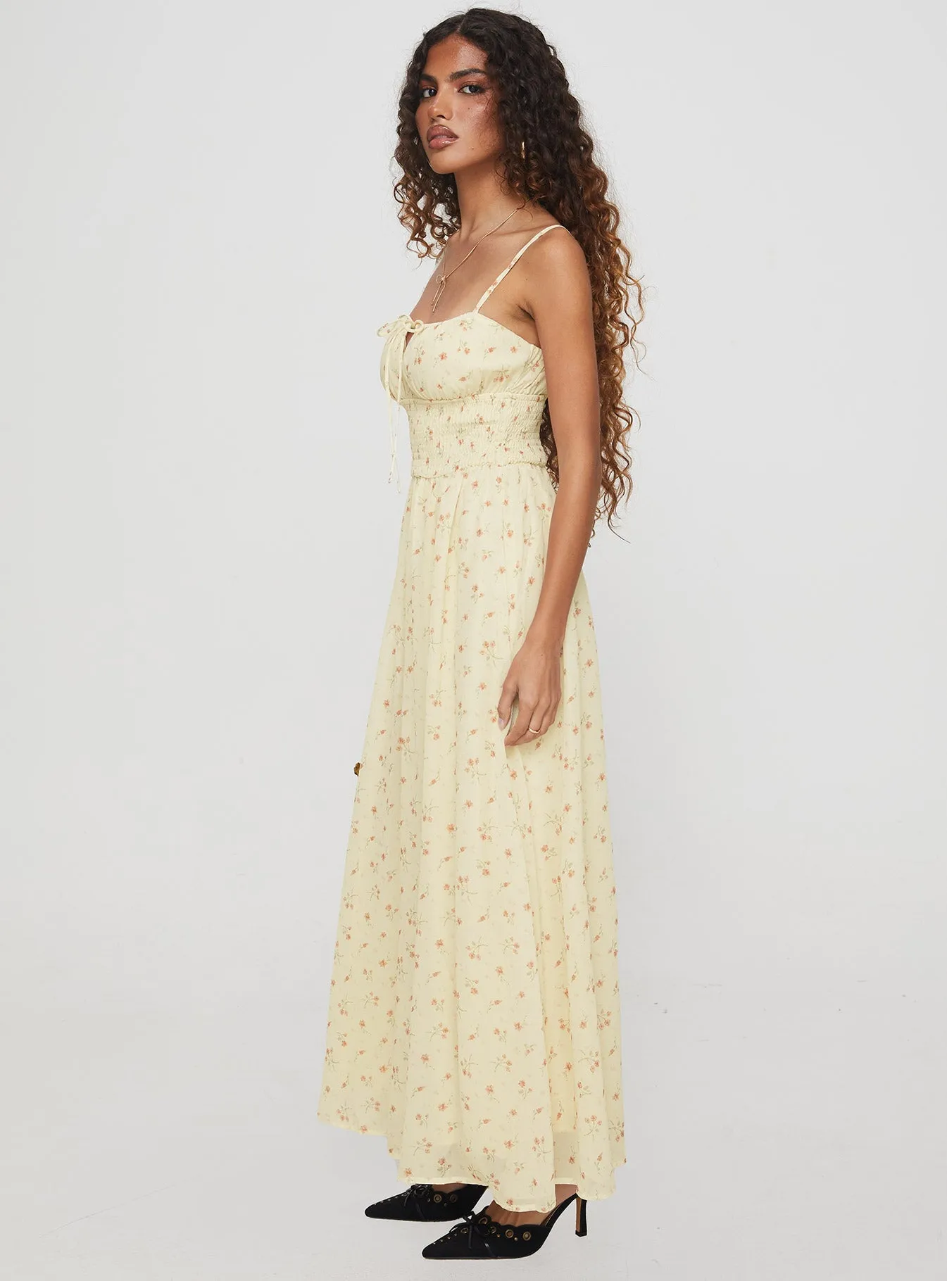 Off Shoulder Pearle Shirred Maxi Dress Cream Floral