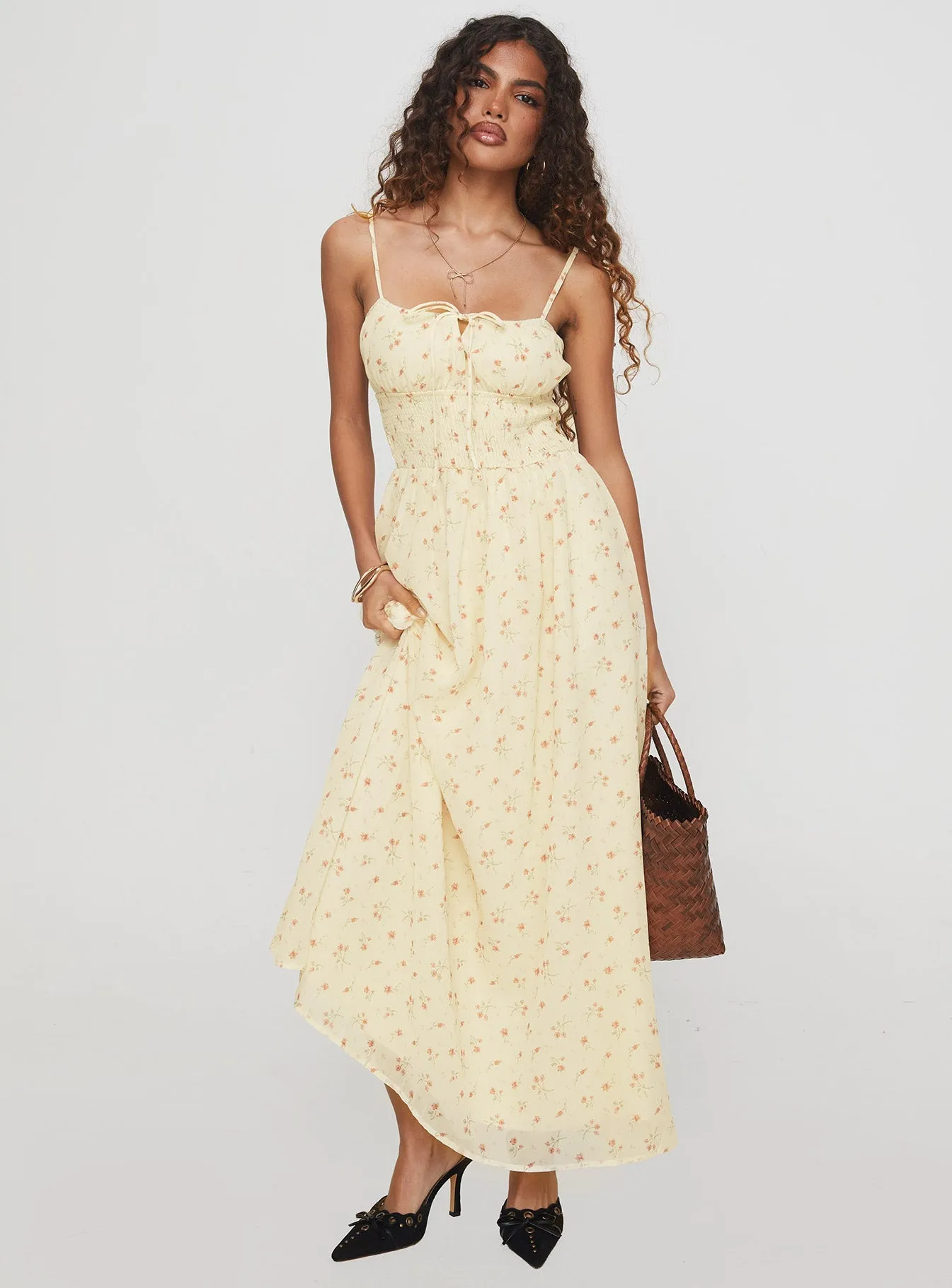 Sea Breeze Sand Beige Pearle Shirred Maxi Dress Cream Floral