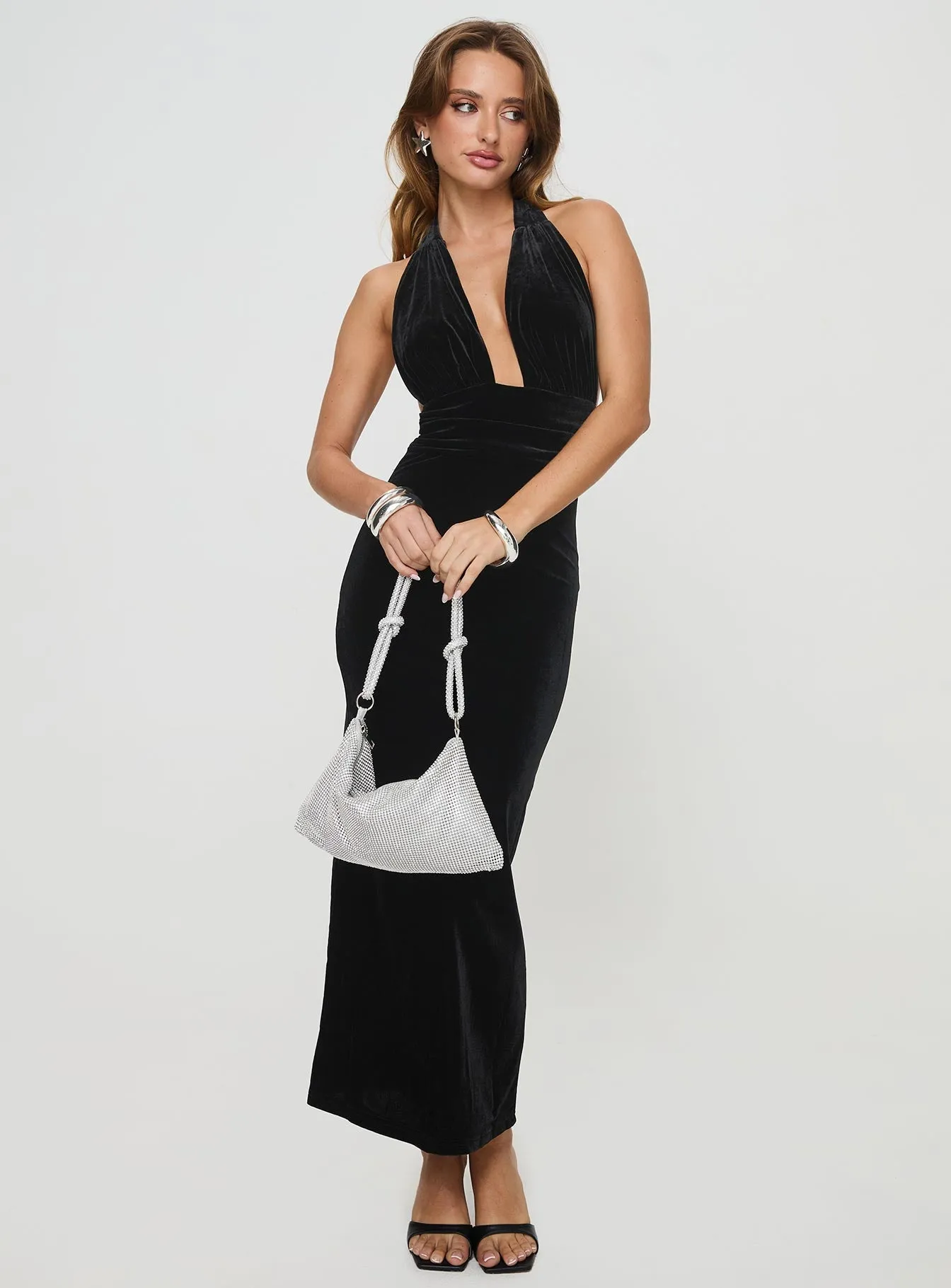 Cross Stitch Vivacious Velvet Halter Maxi Dress Black