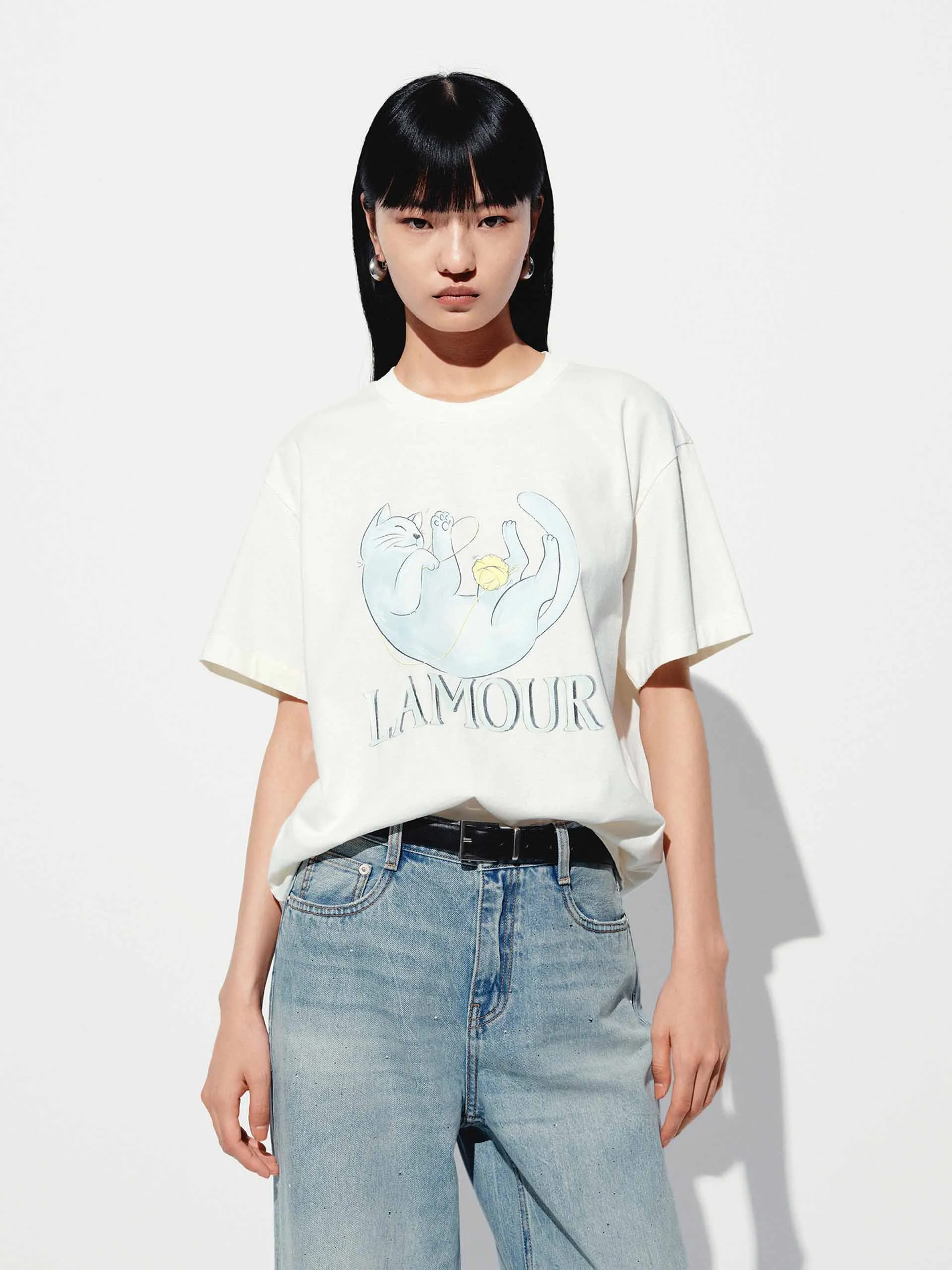 Recycled Polyester Blend Cat Print Cotton T-shirt