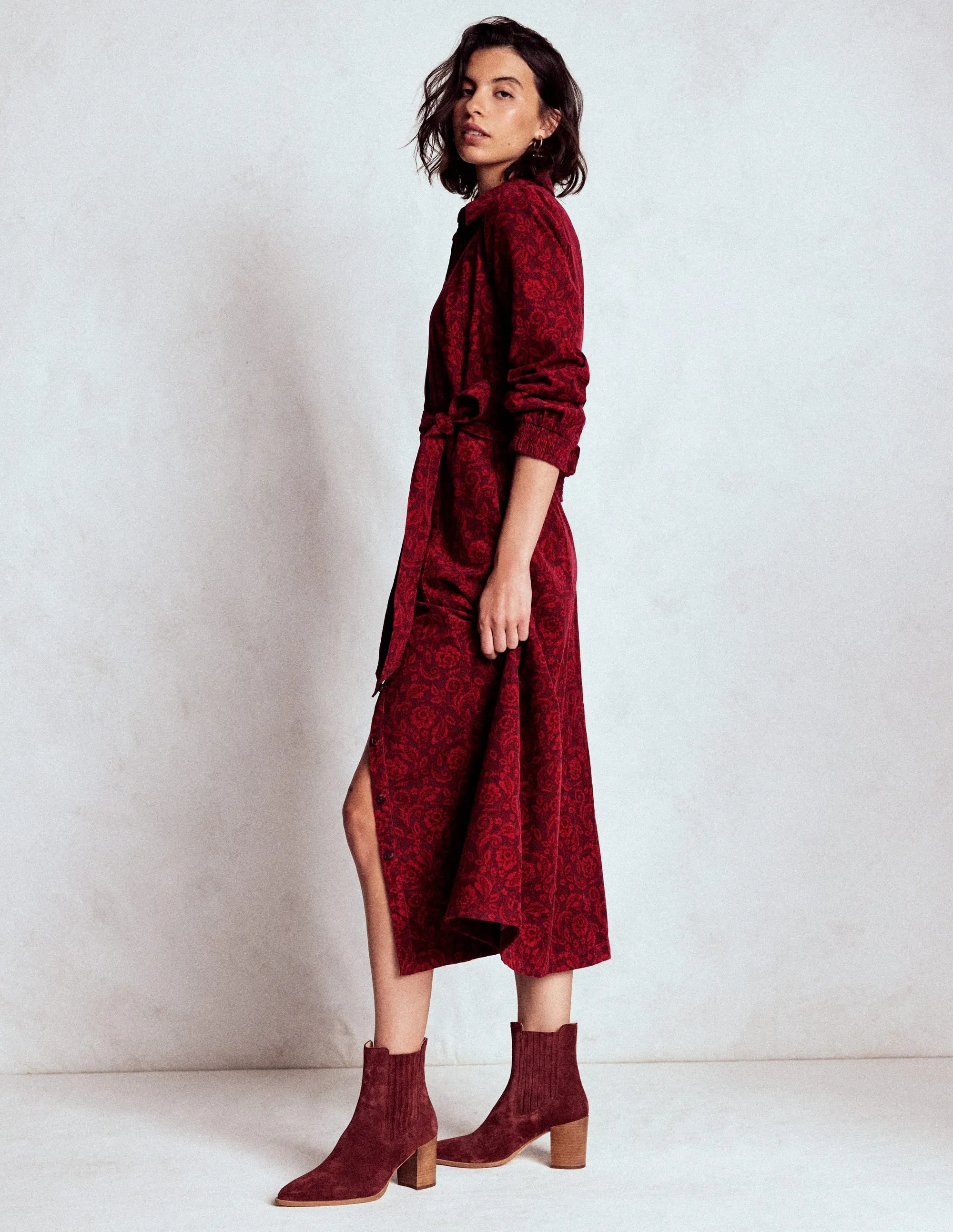 Retro Fan Clara Cord Midi Dress-Red Liquorice, Ornate Flora
