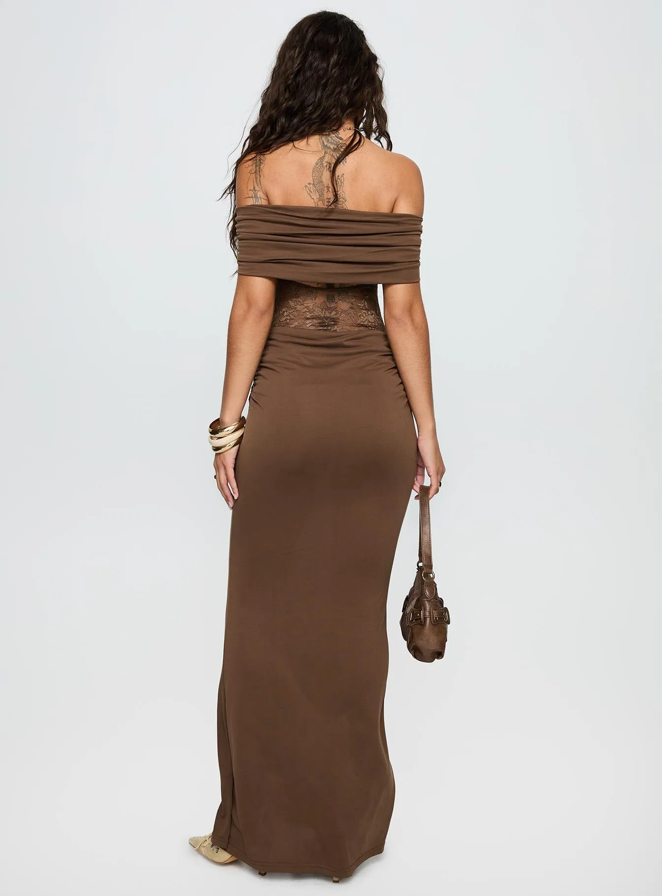 Gwendolen Off The Shoulder Maxi Dress Brown Bridge Walk Designed with simplicity and sophistication in mind this dress is perfect for any occasion