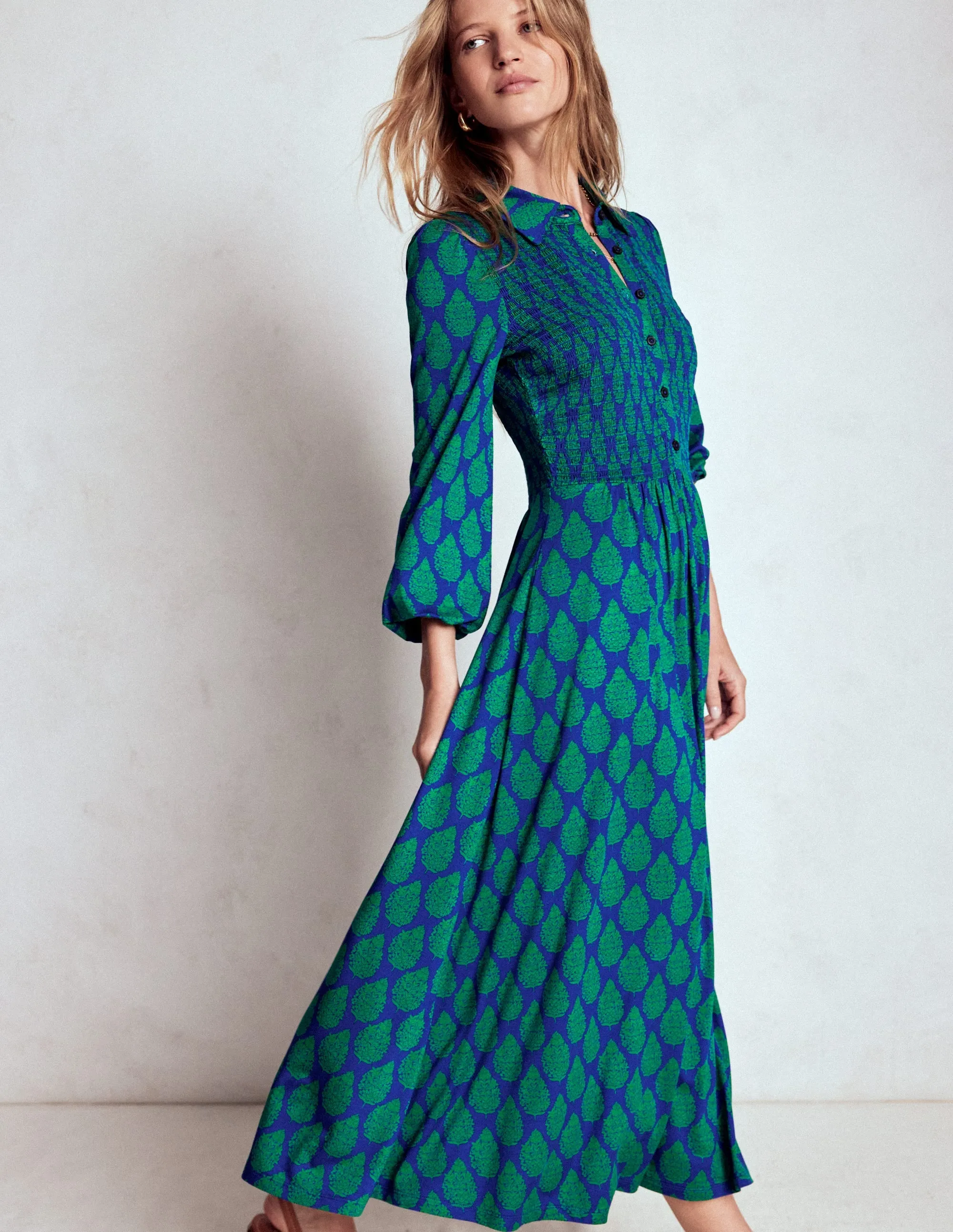 Smocked Jersey Shirt Dress-Blue, Wildflower Bouquet Glass Glow Plus Fit