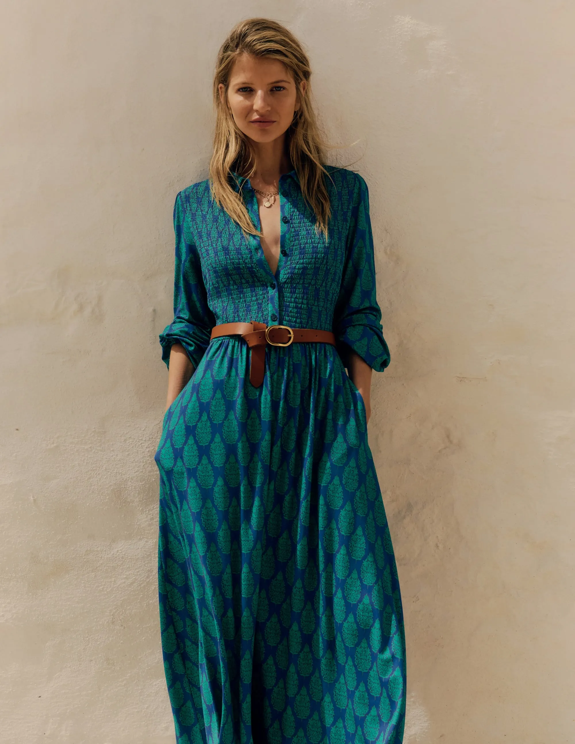 Smocked Jersey Shirt Dress-Blue, Wildflower Bouquet Polished Design Work Smart