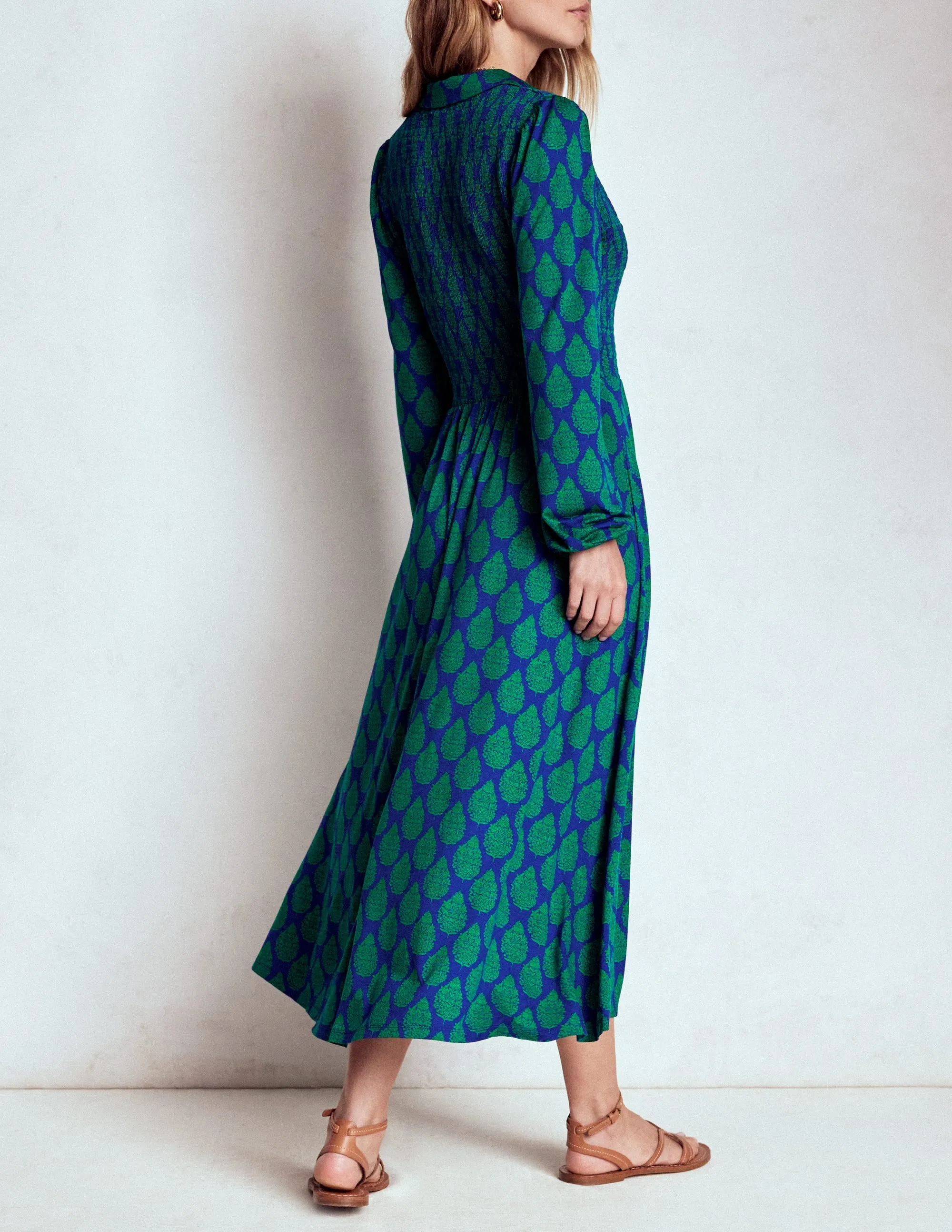 Comfortable casual midi Smocked Jersey Shirt Dress-Blue, Wildflower Bouquet