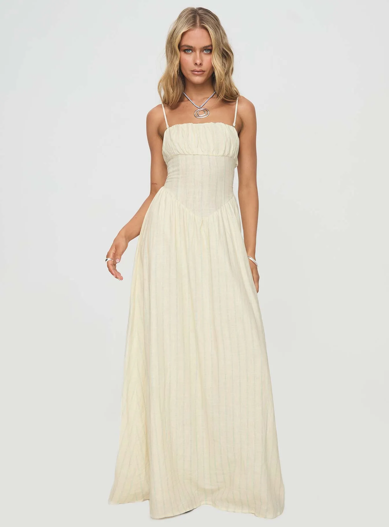 Slow Dance Linen Blend Maxi Dress Cream / Blue Bohemian-inspired maxi
