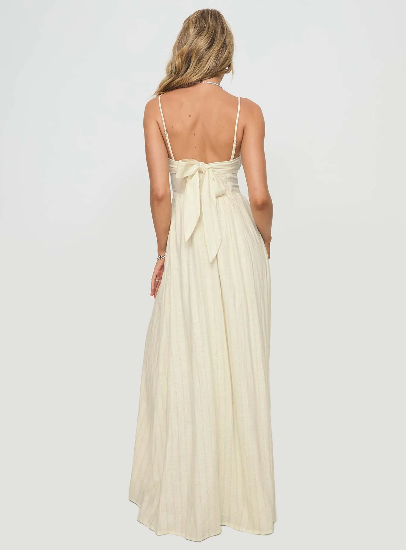 Amber Glow Harbor Stroll Slow Dance Linen Blend Maxi Dress Cream / Blue