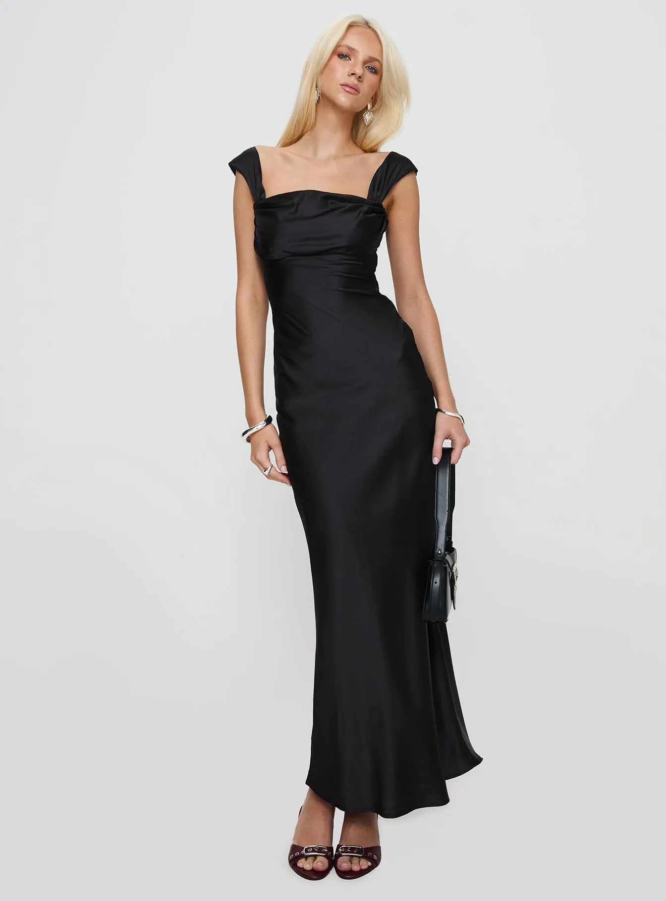 Azura Off The Shoulder Maxi Dress Black Bold pattern maxi The elegant fit of this dress enhances your figure while providing plenty of comfort