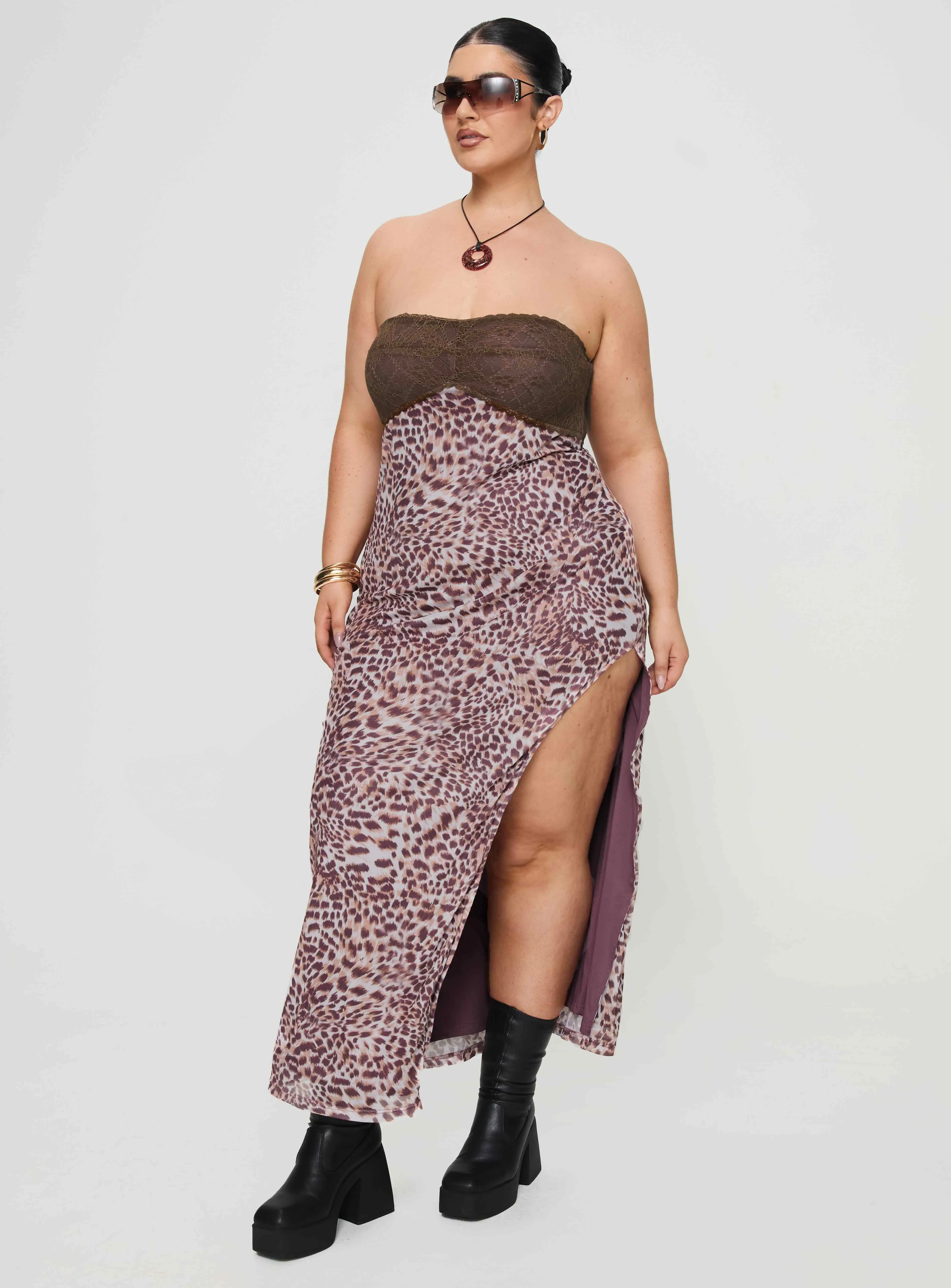 Designed to complement every body shape this dress enhances your natural silhouette Raidein Strapless Maxi Dress Leopard Curve