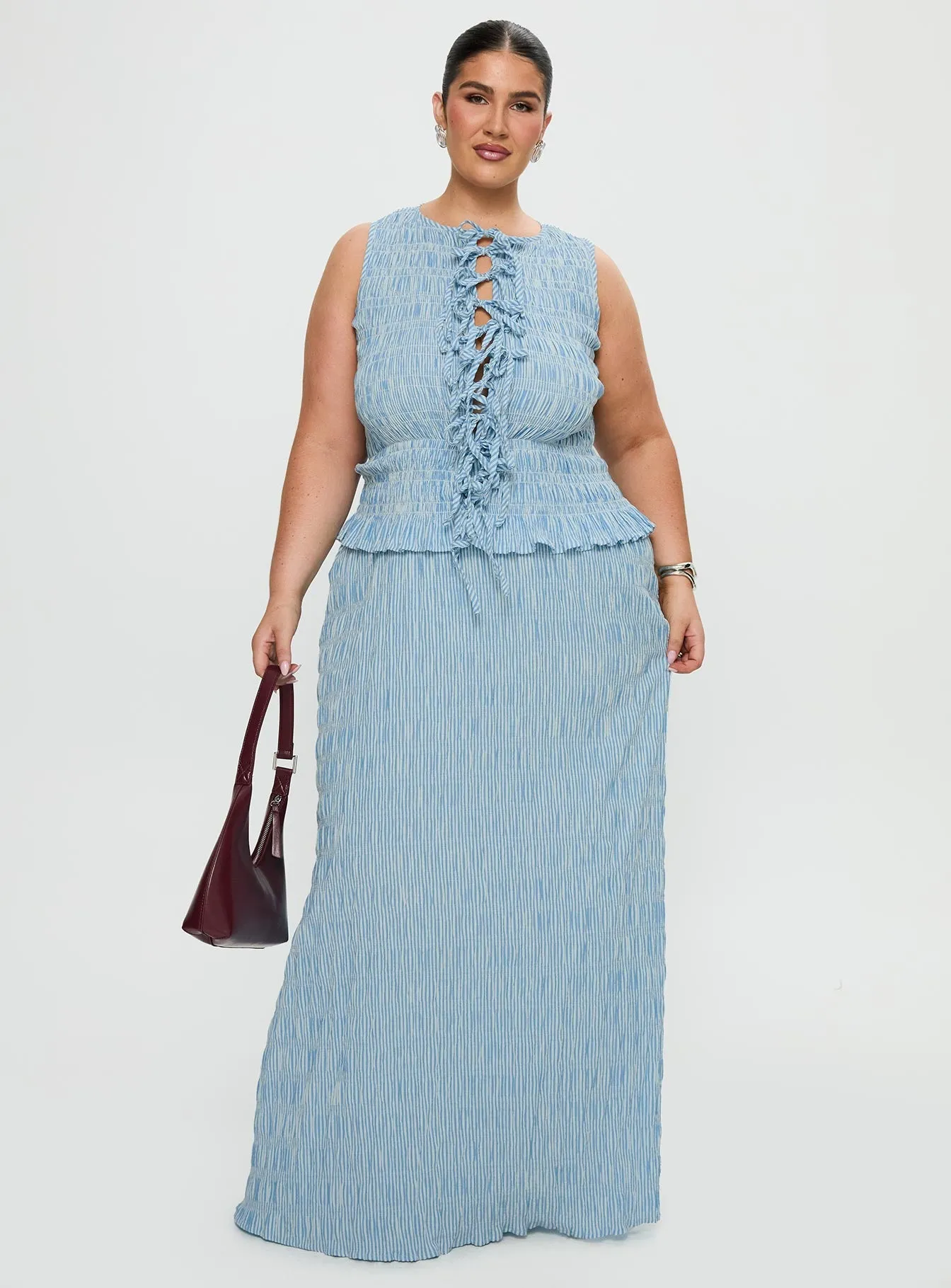 Songbird Shirred Maxi Dress Blue Curve Breezy resort maxi Tiered Skirt