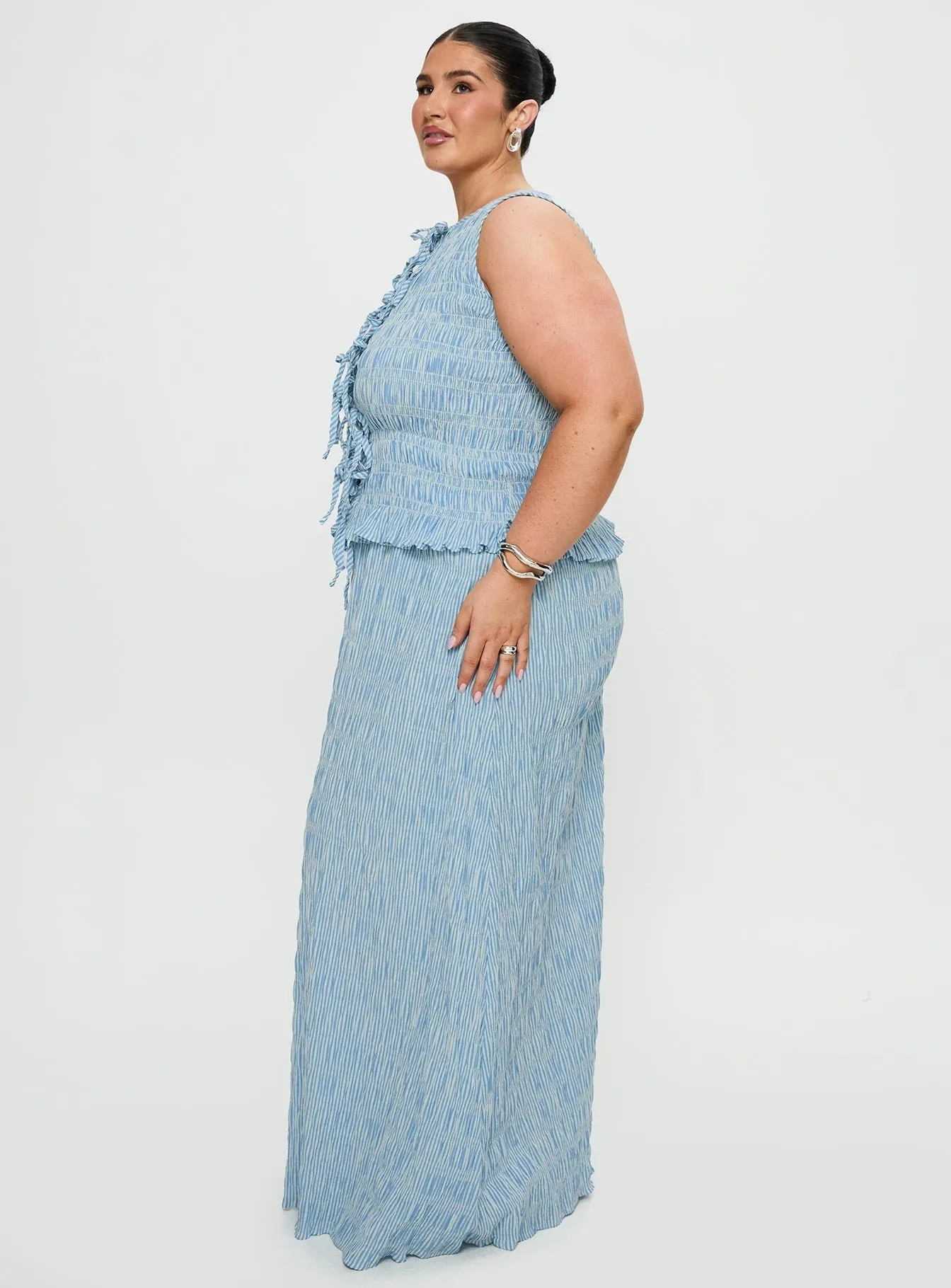 Songbird Shirred Maxi Dress Blue Curve Belt Tie Scandi Clean