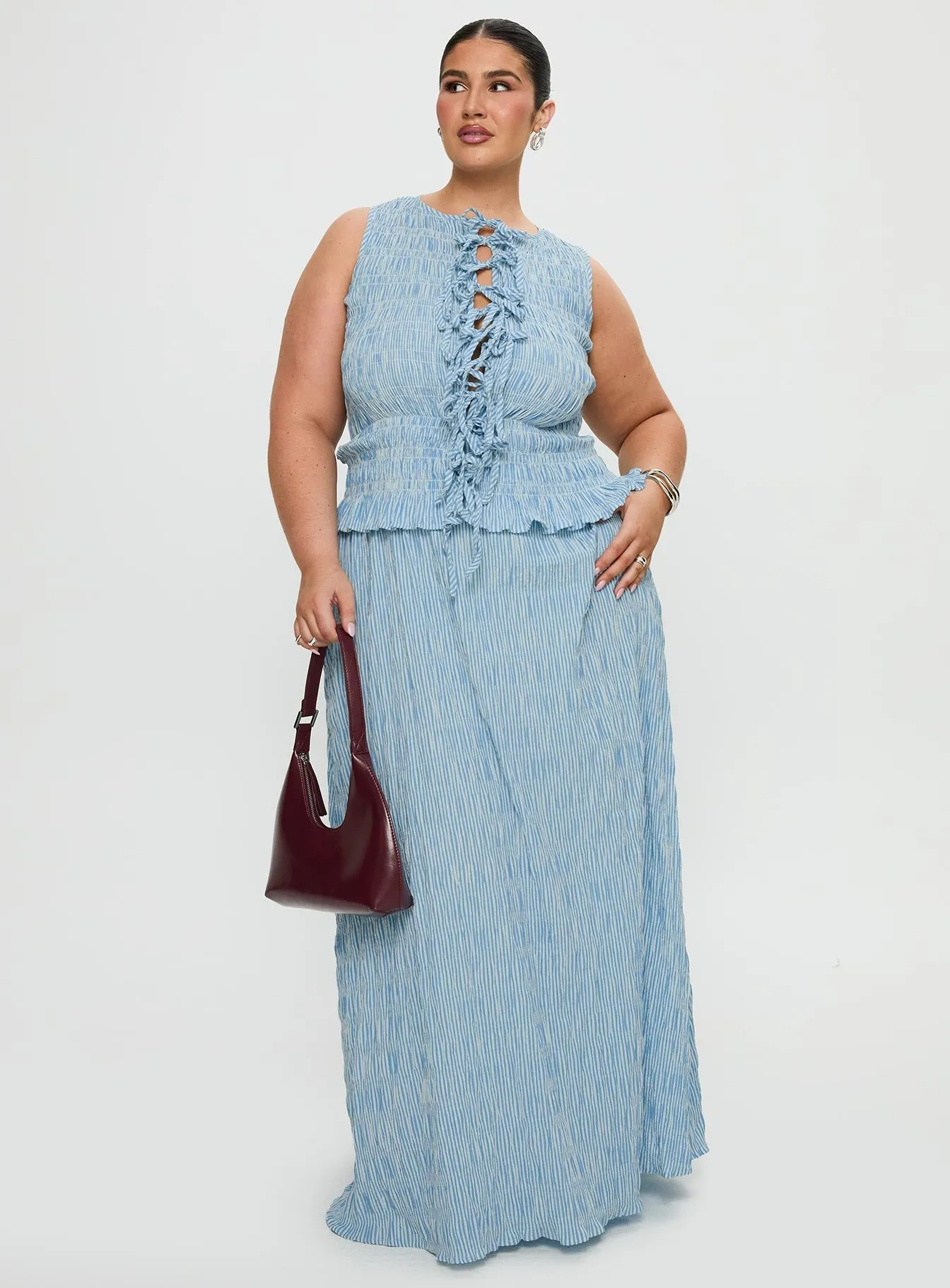 Songbird Shirred Maxi Dress Blue Curve Heart Glow Noon Light