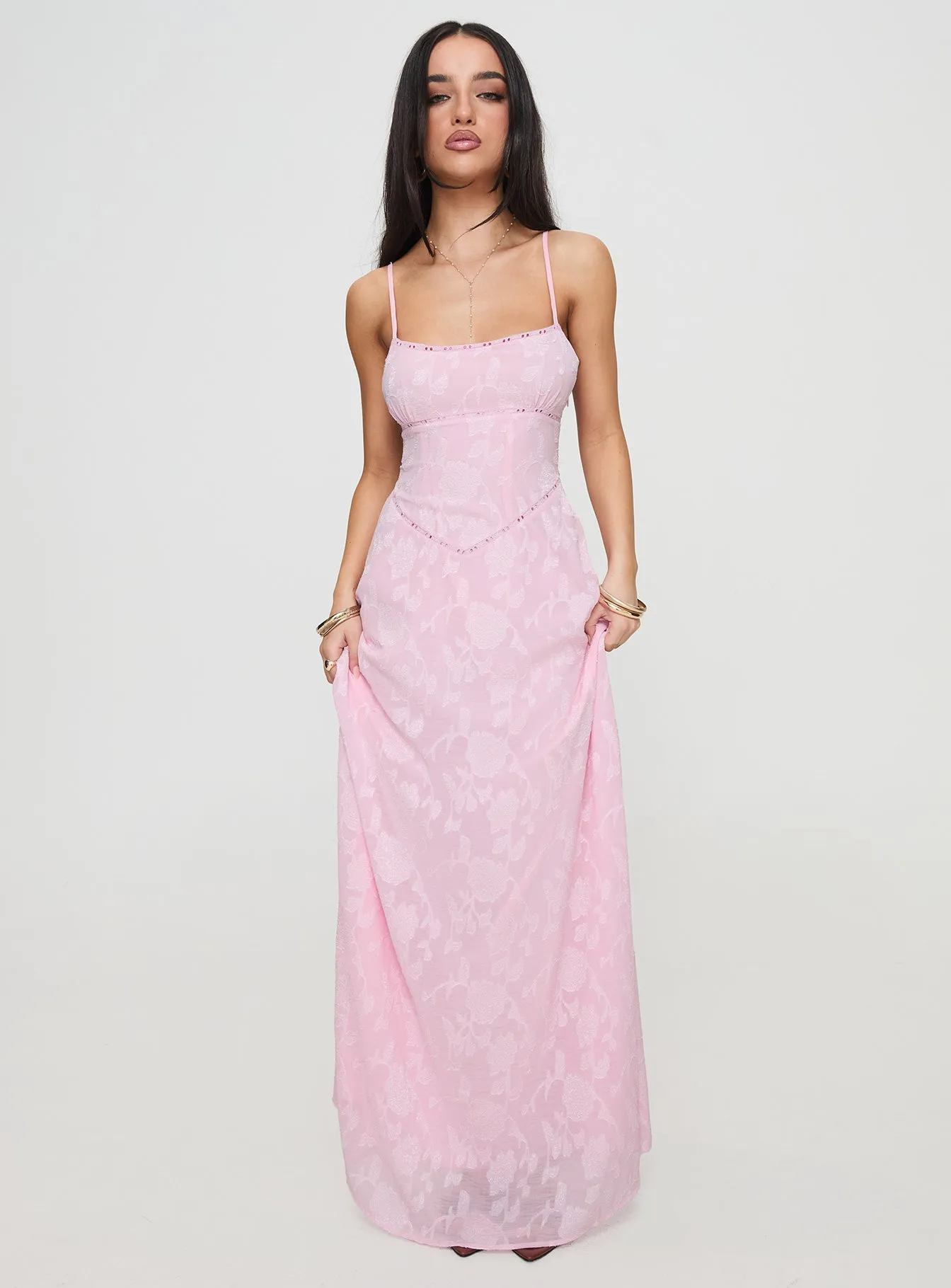 Elegant high-waist gown Fur Trim South Of France Maxi Dress Pink