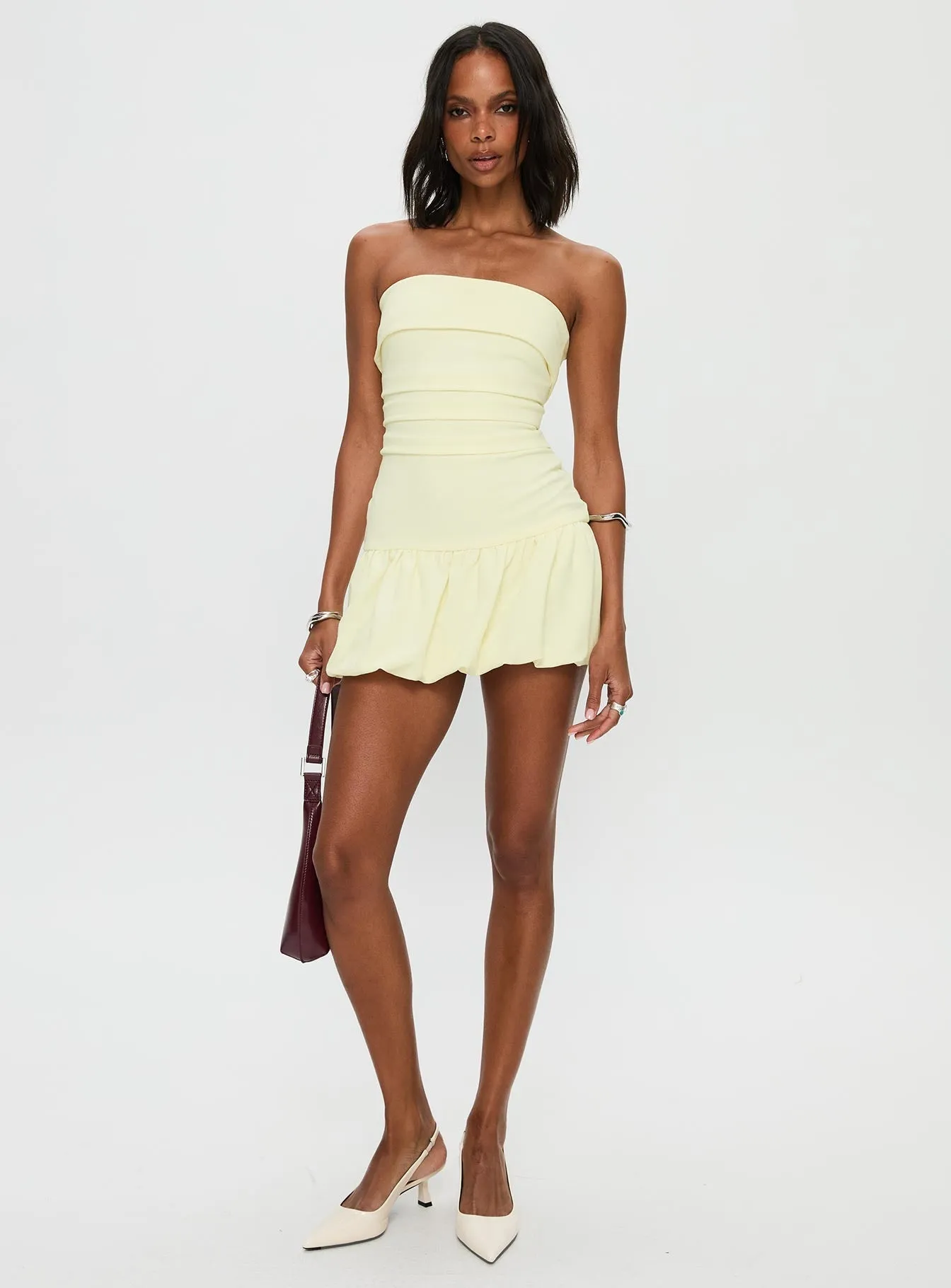Short Game Mousse Strapless Mini Dress Lemon