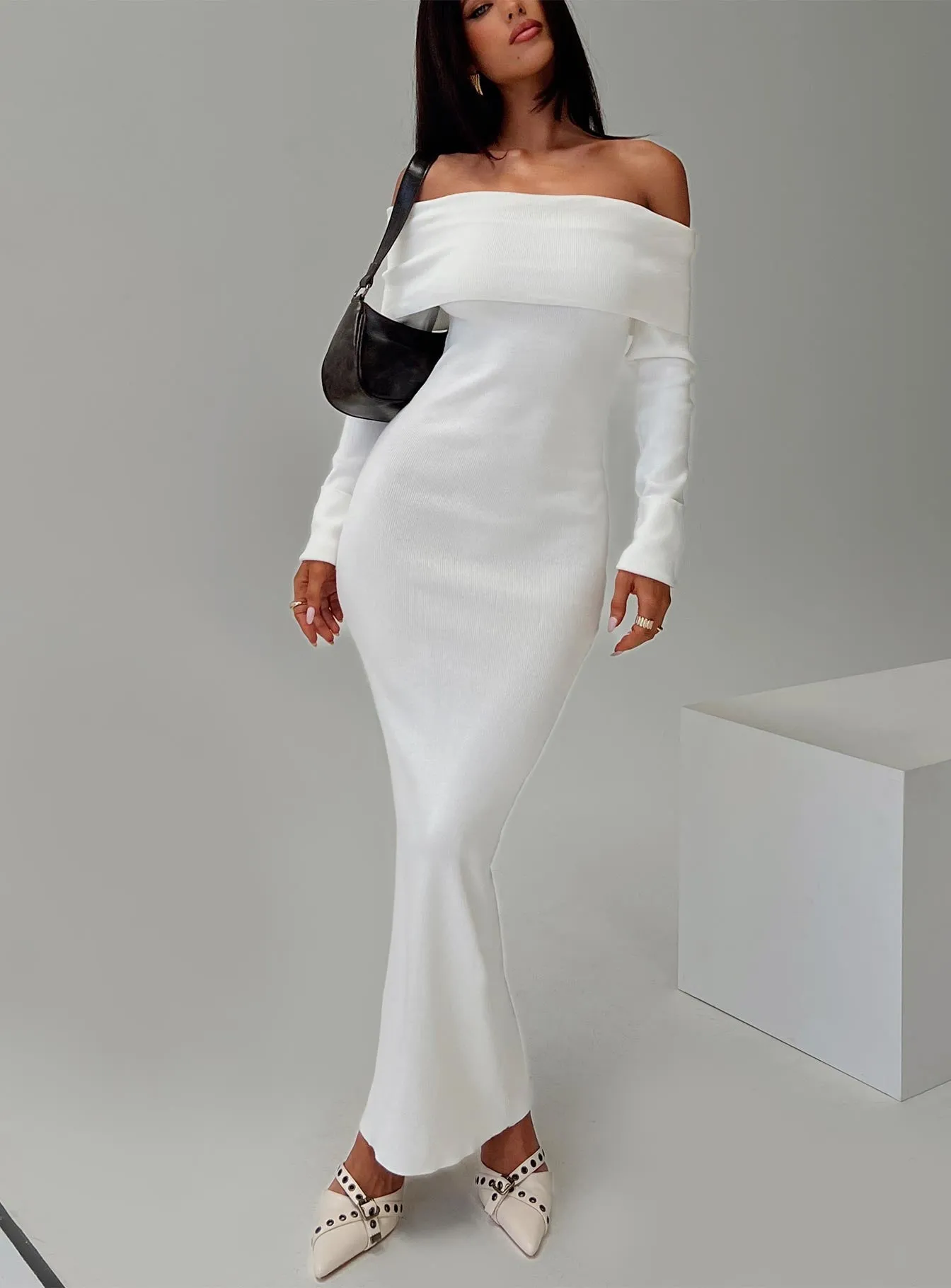 Celestara Off The Shoulder Maxi Dress White With its simple silhouette this maxi dress offers a flattering look for all body types Twill Smooth
