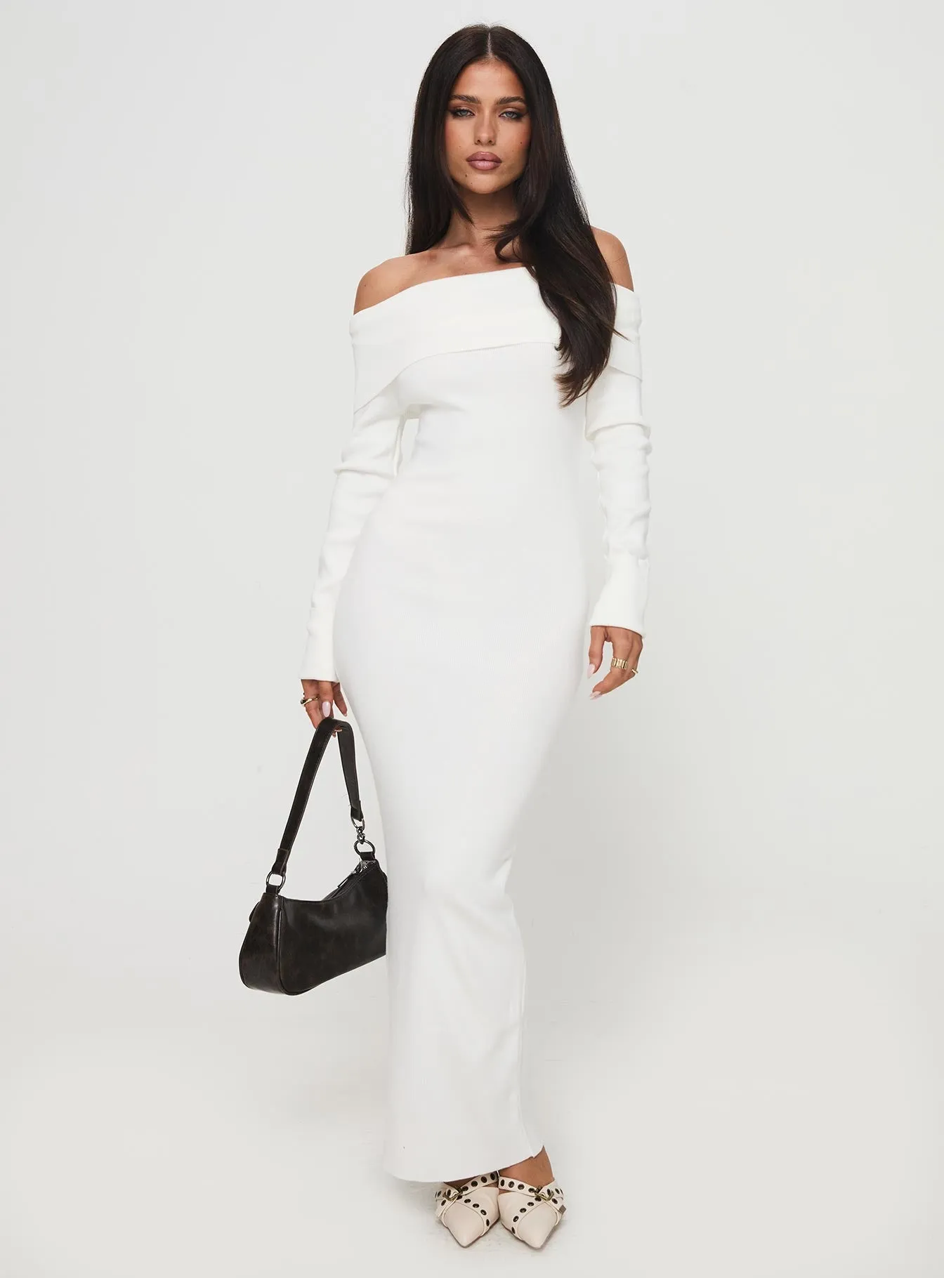 Celestara Off The Shoulder Maxi Dress White Bold printed floor dress