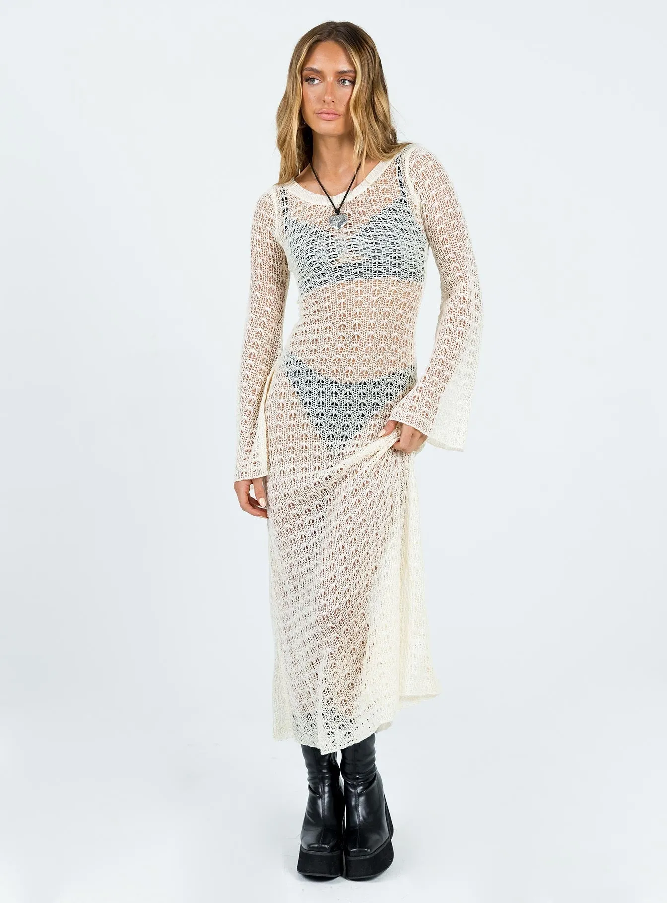Wave Dance Crepe Glow Margarida Crochet Maxi Dress Beige