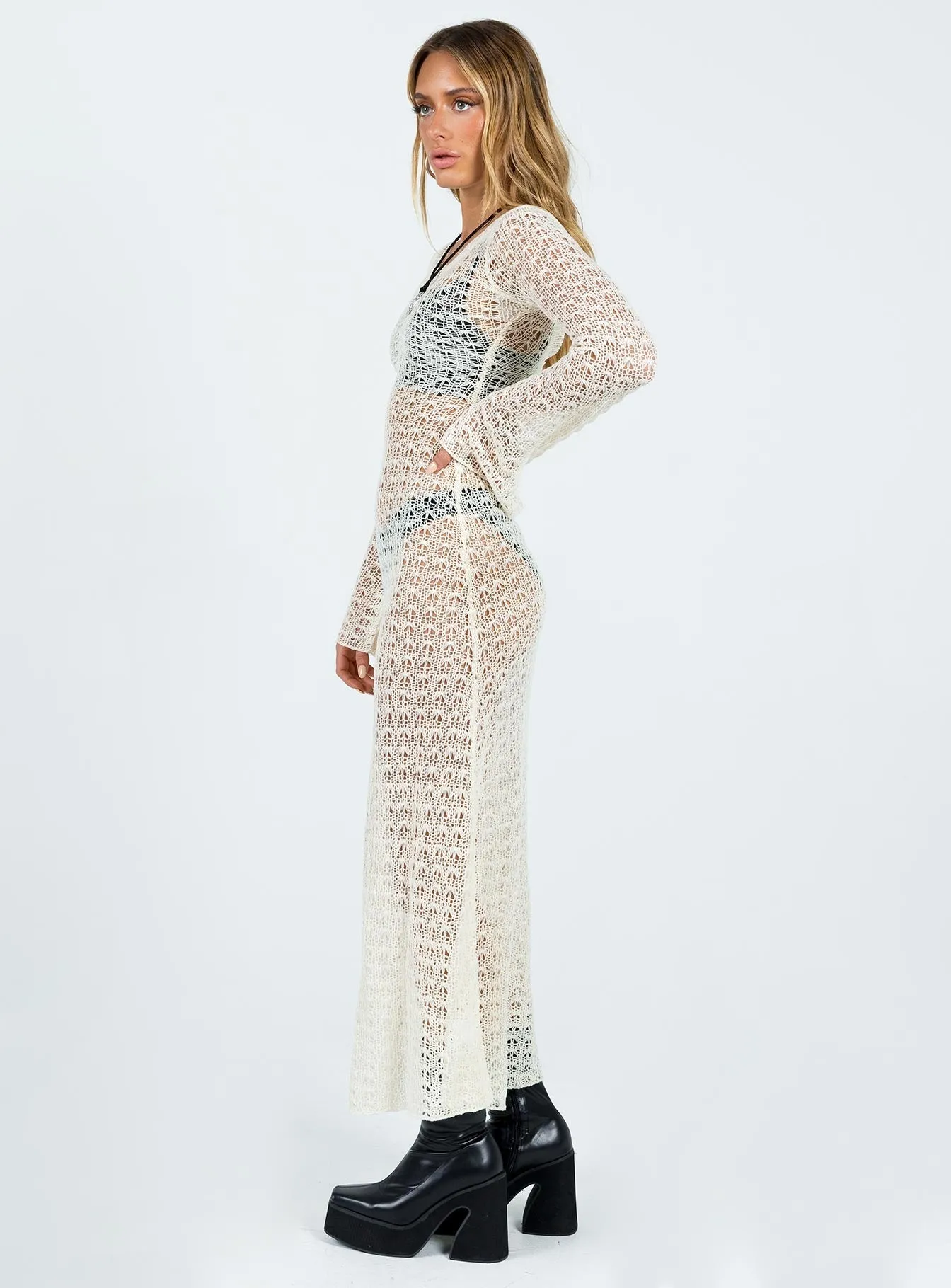 The simple silhouette of this dress makes it easy to style for both day and night wear Margarida Crochet Maxi Dress Beige