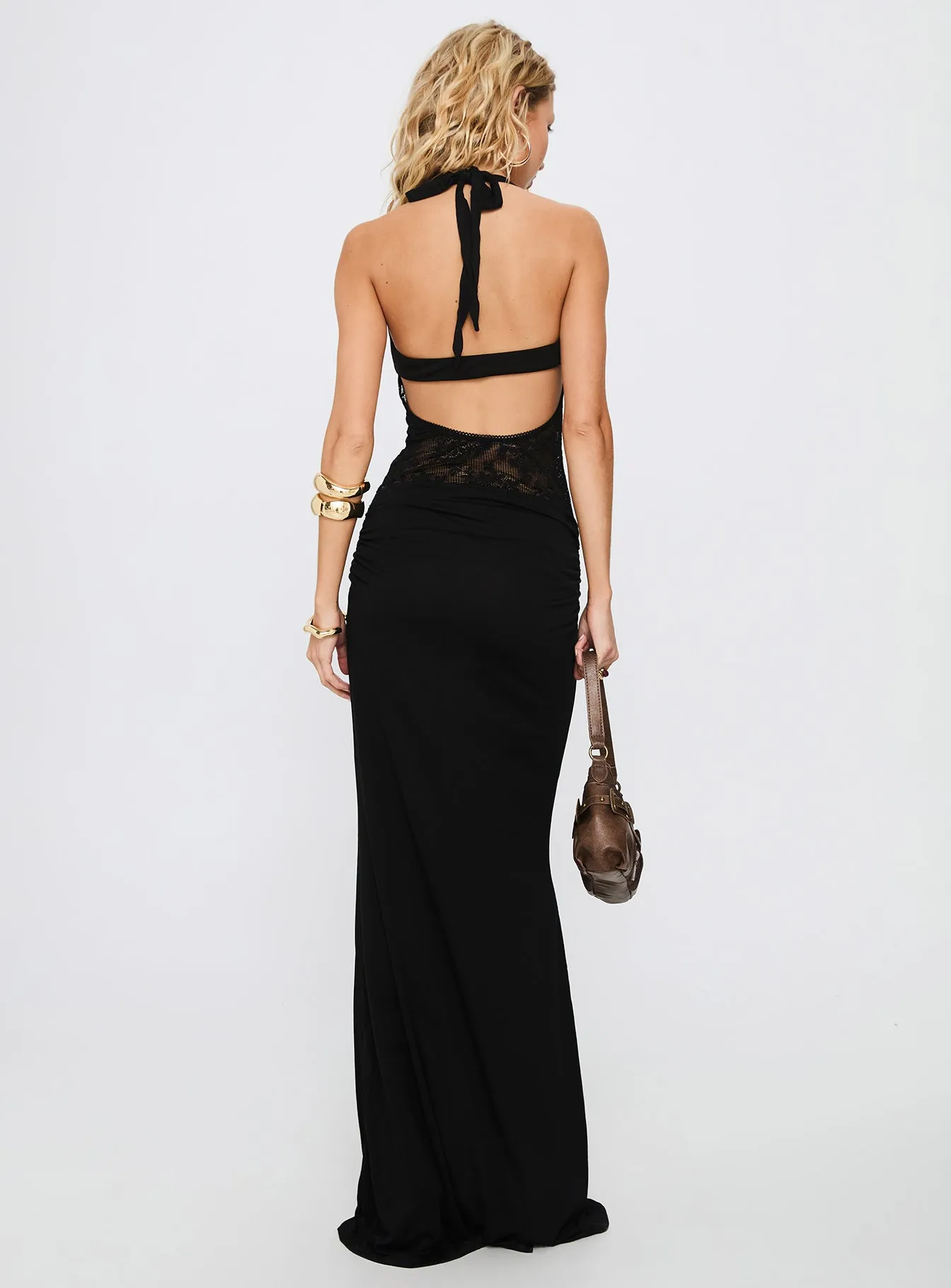 Tile Court Adalyne Lace Halter Maxi Dress Black