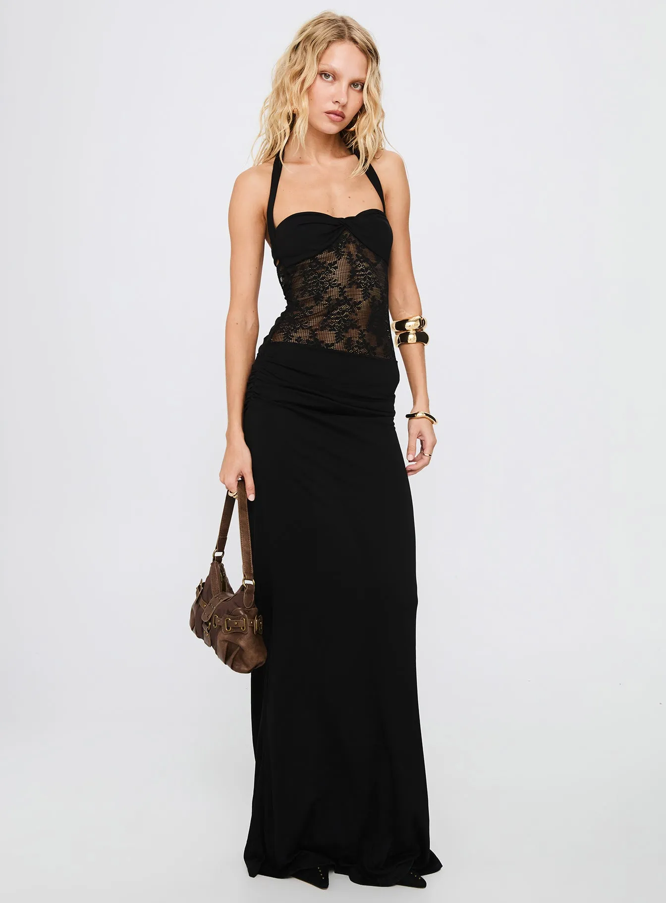 Adalyne Lace Halter Maxi Dress Black Island Trail