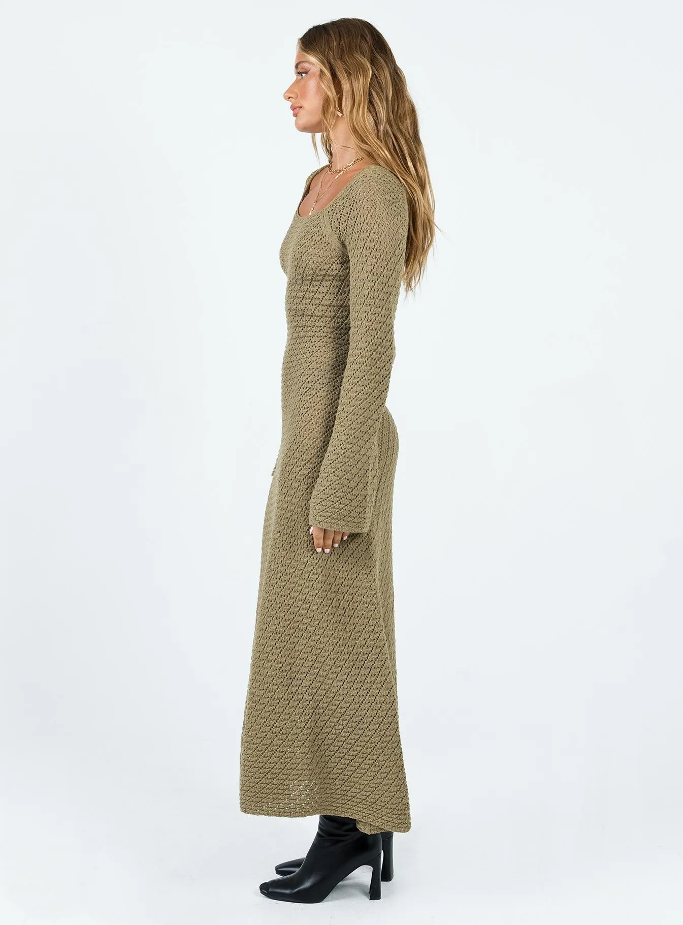 Lorena Long Sleeve Maxi Dress Khaki Chrome Glow