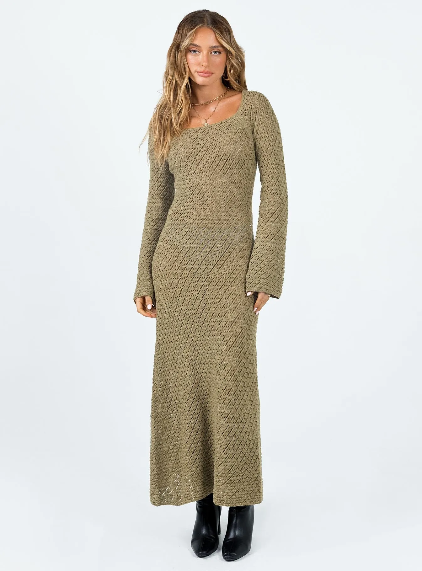 Lorena Long Sleeve Maxi Dress Khaki With its simple silhouette this maxi dress offers a flattering look for all body types