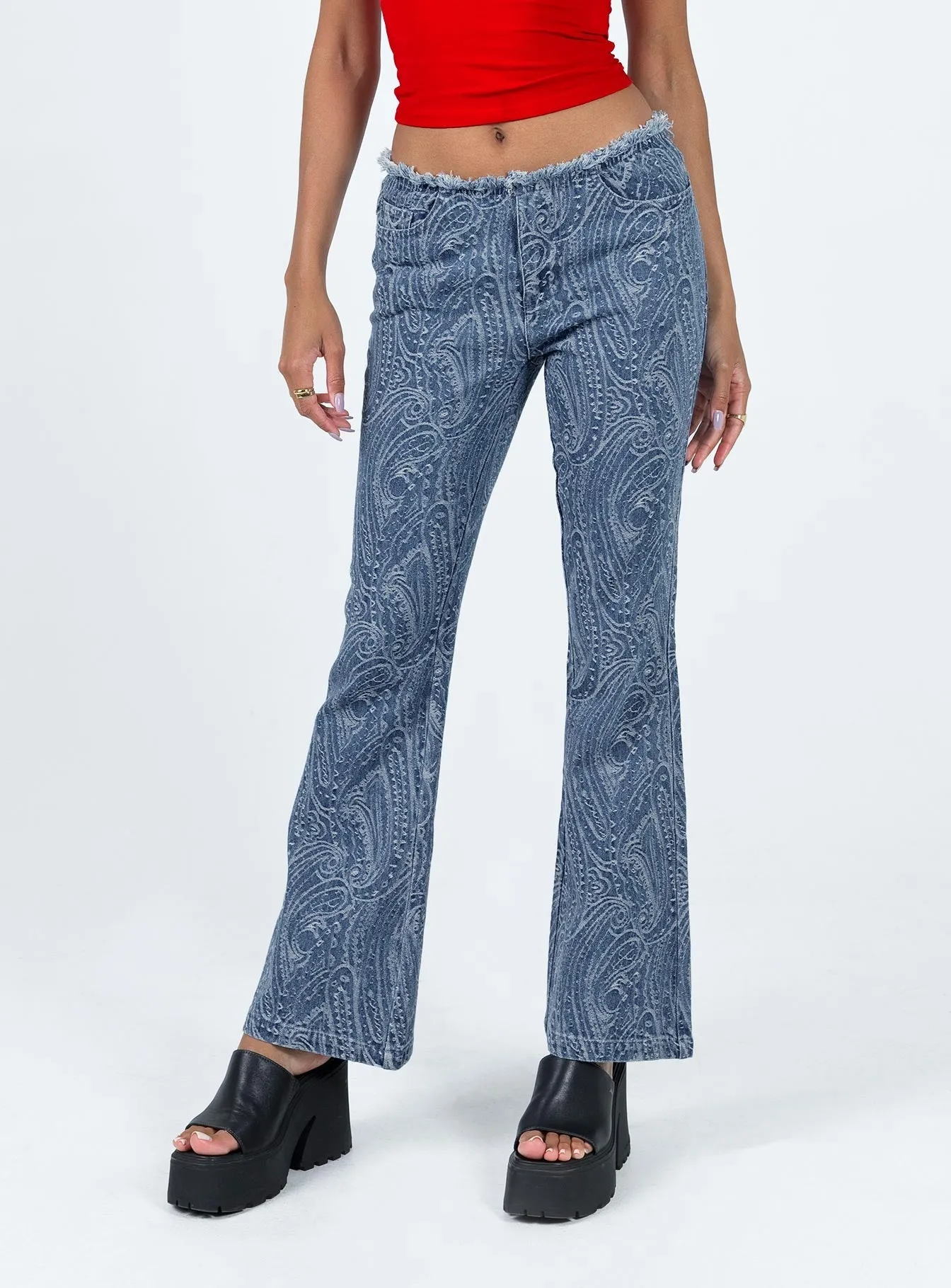 Loweana Low Rise Jacquard Flare Jean Blue Denim Daily Mix Casual Energy