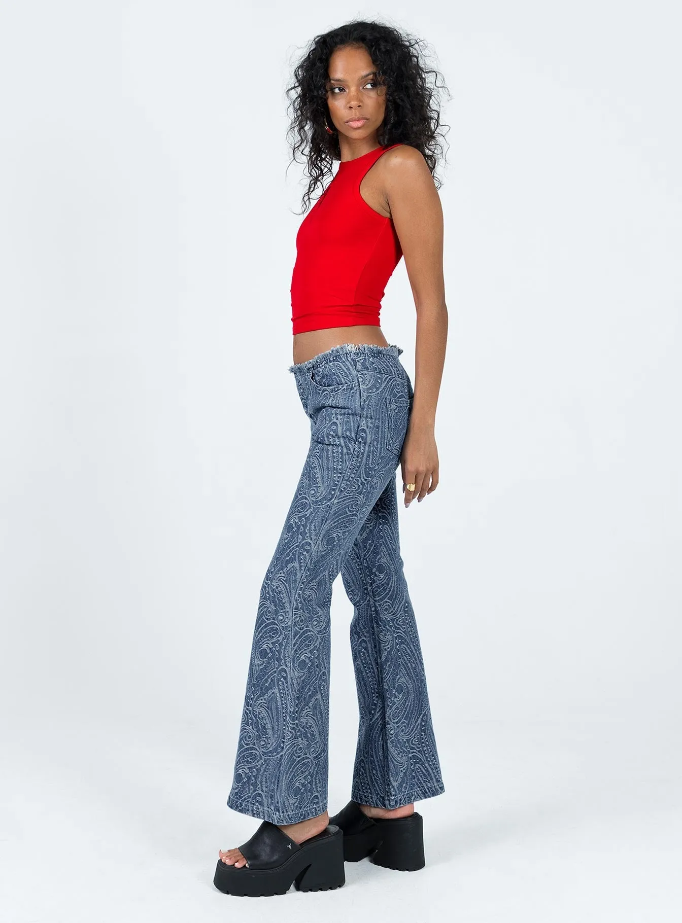 Timeless Look Loweana Low Rise Jacquard Flare Jean Blue Denim