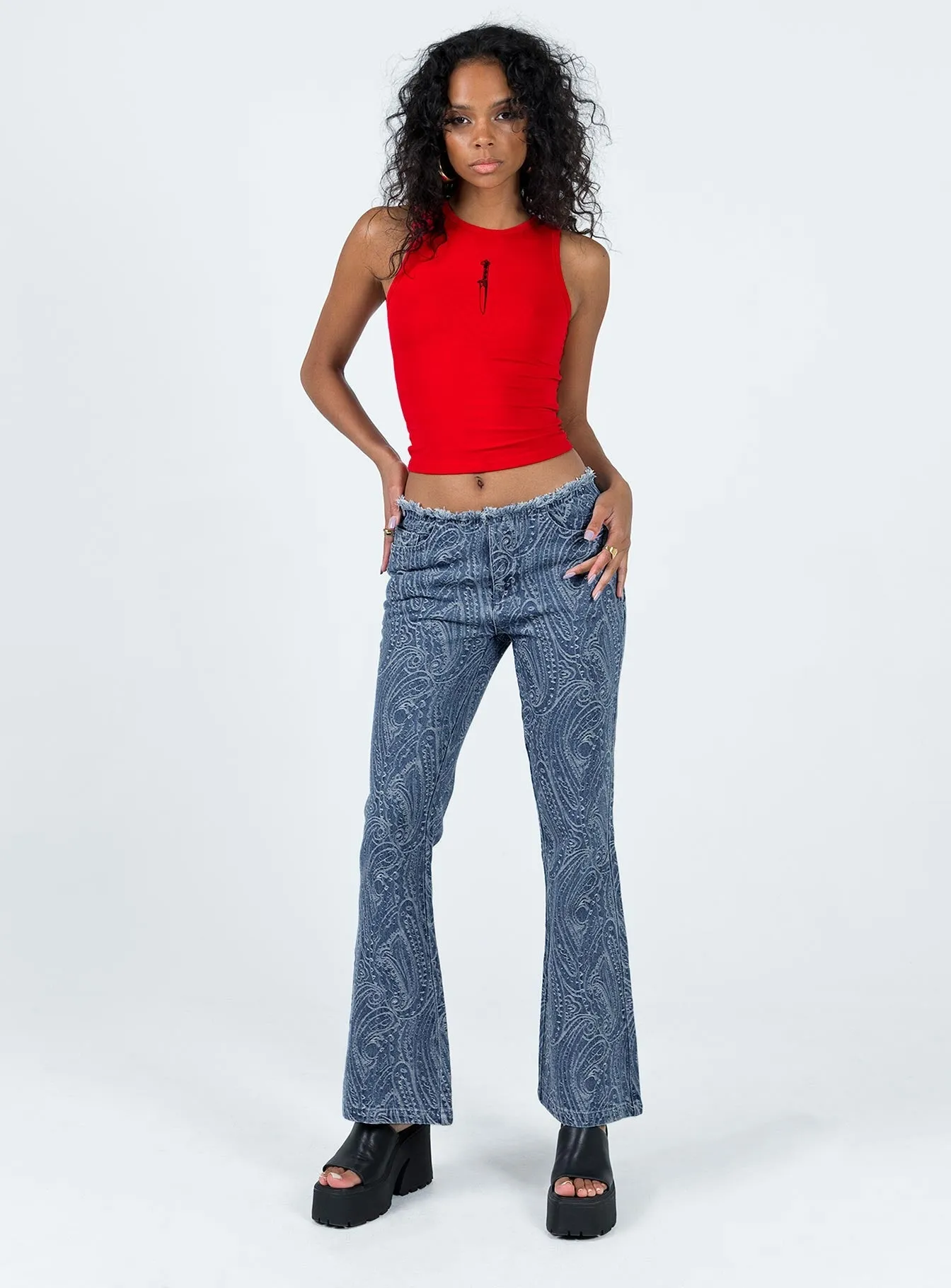 Streetwear Fan Premium Minimalist Style Family Style Comfy Loweana Low Rise Jacquard Flare Jean Blue Denim