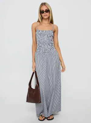 holiday vibe Onyx Shine Kosie Shirred Maxi Dress Blue Stripe